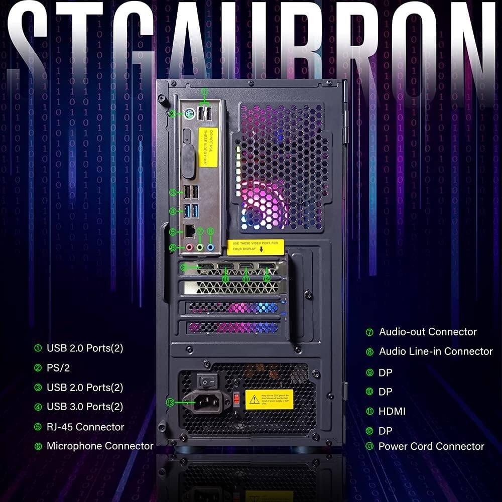 Sure, here is the corrected and grouped text:

---

**STGALIBRON**

1. USB 2.0 Ports(2)
2. PS/2
3. USB 2.0 Ports(2)
4. USB 3.0 Ports(2)
5. RJ-45 Connector
6. Microphone Connector
7. Audio-out Connector
8. Audio Line-in Connector
9. DP
10. HDMI
11. DP
12. Power Cord Connector

---

This text corresponds to the labels and connectors shown in the image.