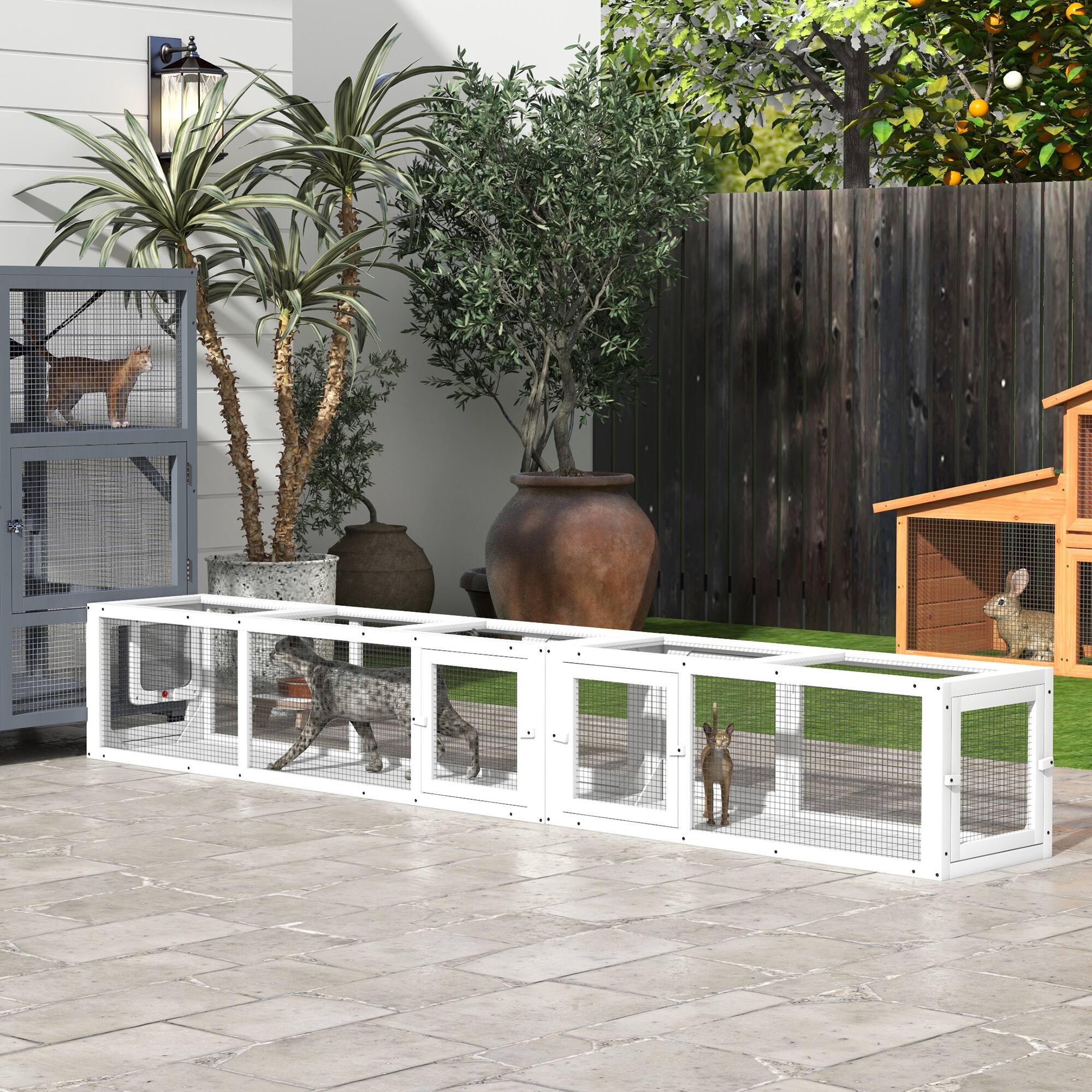 Angle. Pawhut - Outdoor Wooden Cat Tunnel with Combinable Design, 8 Doors, 98" Pet Toy for Kitty, Puppy, fits House, Window, Cage - White.