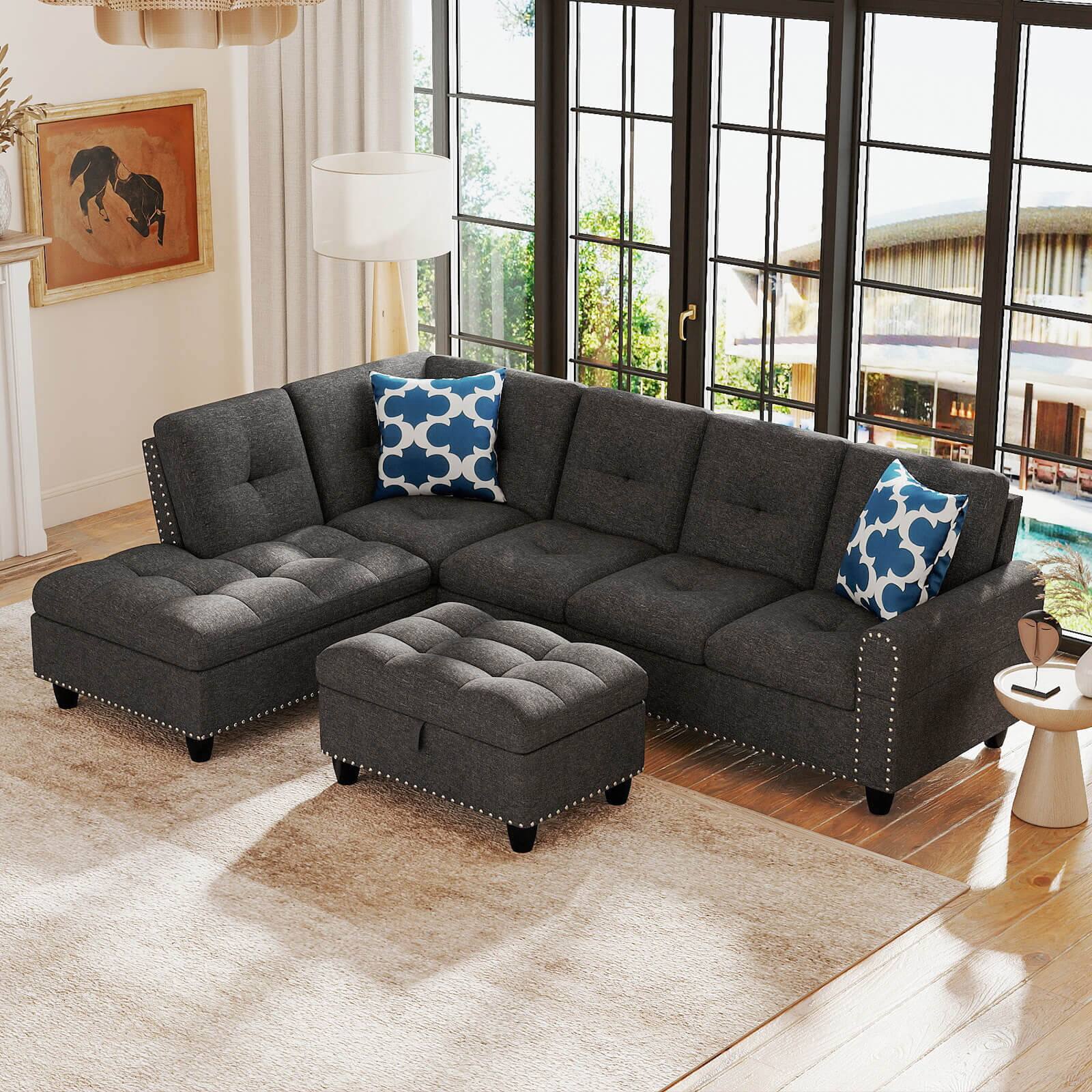 Alt View 1. Costway - Costway 98" L-Shaped Sofa with Movable Storage Ottoman Linen Fabric Backs Seats Cup Holders - Dark Gray.