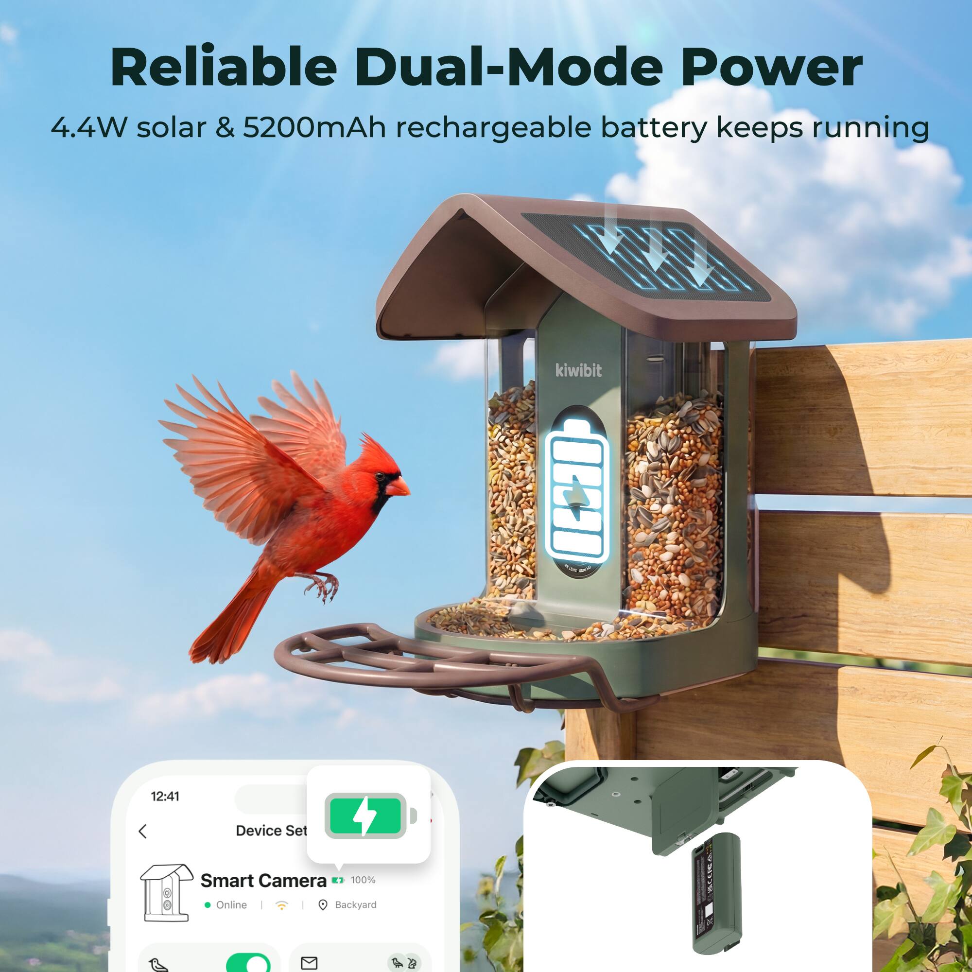 Reliable Dual-Mode Power  
4.4W solar & 5200mAh rechargeable battery keeps running  

kiwibit  

12:41  
Device Set  

Smart Camera 100%  
Online | Backyard