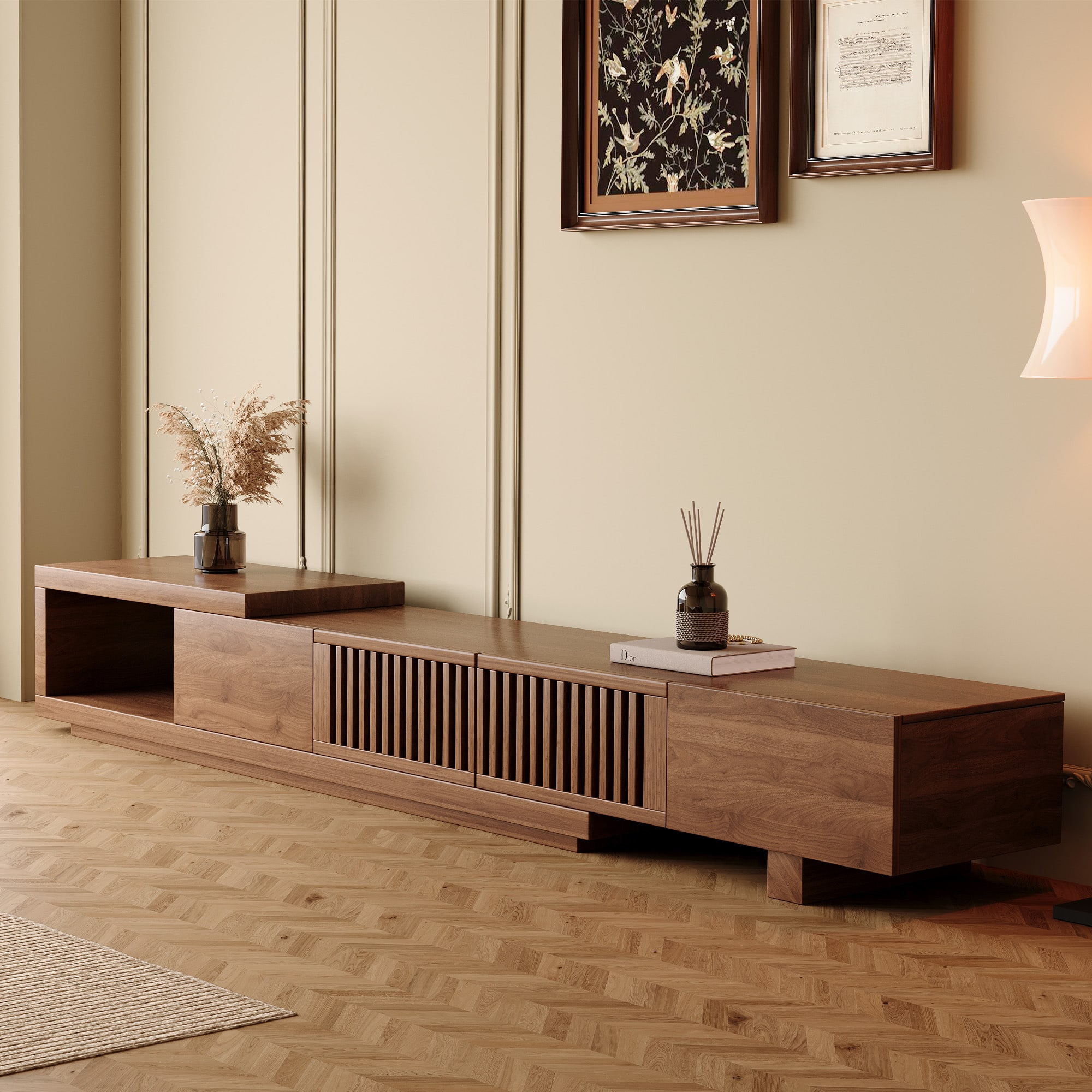 Front. luck idea - Extendable 78.54" Media Console - TV Stand & Entertainment Center with Spacious Storage - Walnut color.