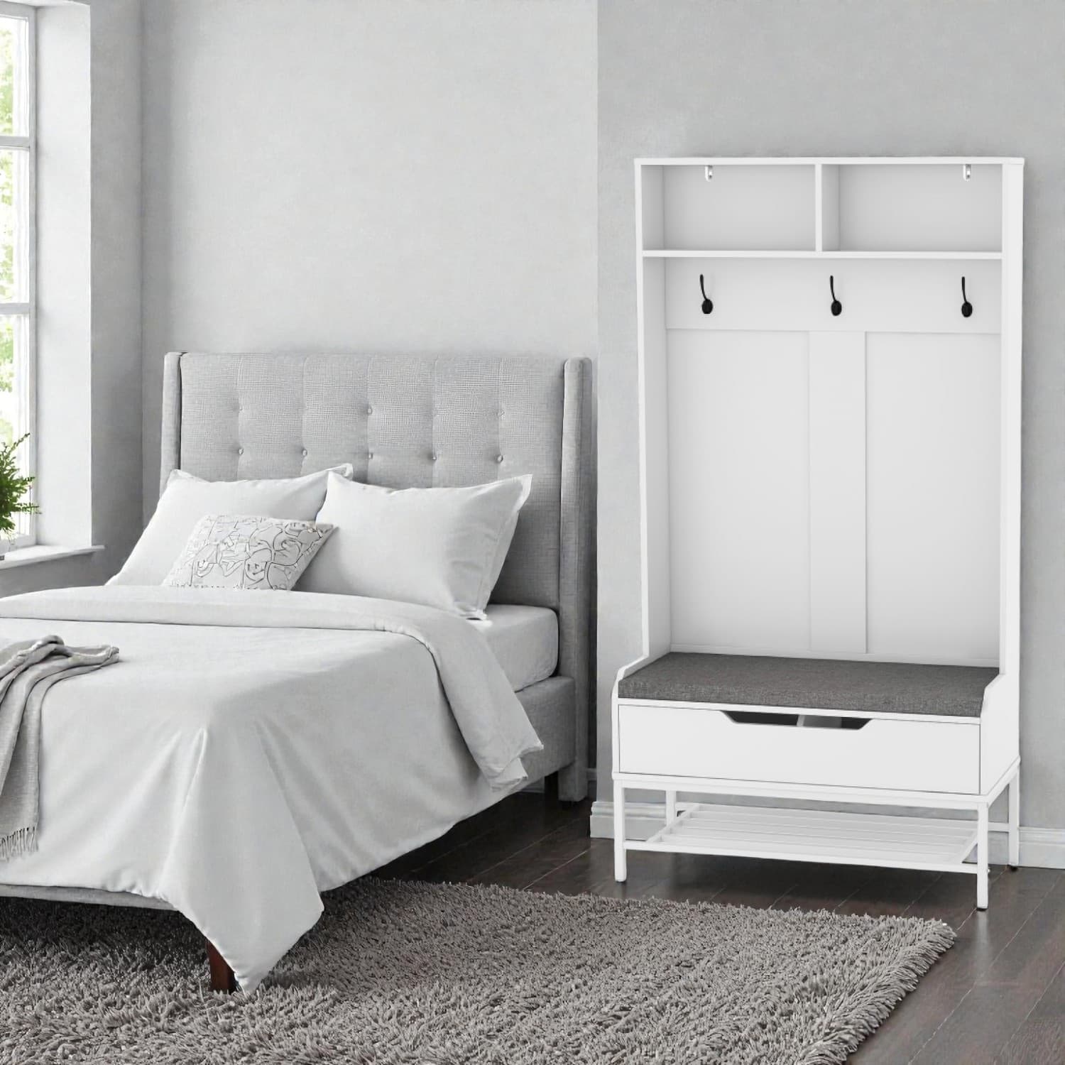 Hivvago - Tall Hallway Organizer with Padded Bench, Coat Hooks, and Shoe Rack, 69" All-Purpose Unit - White