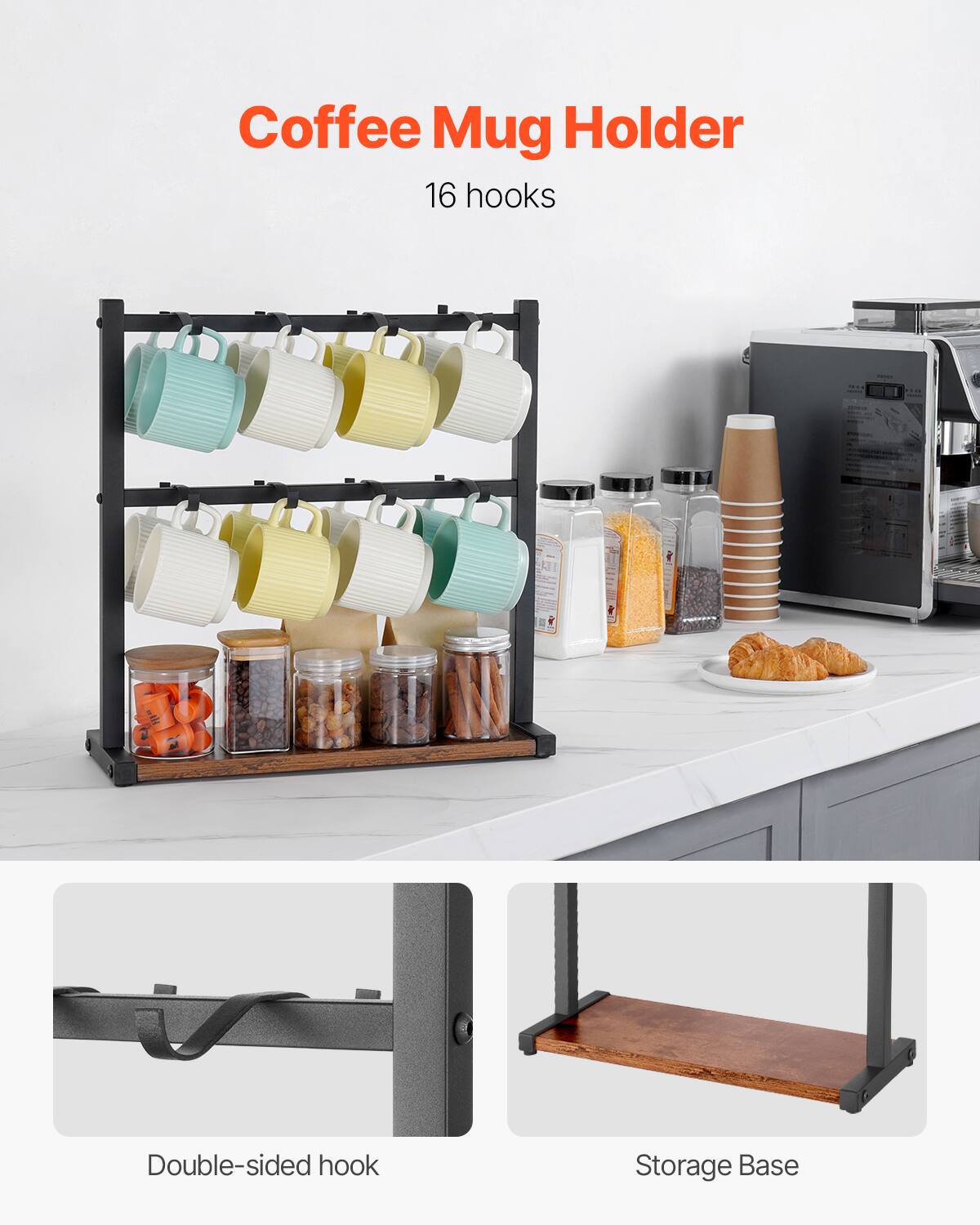 Coffee Mug Holder  
16 hooks  

Double-sided hook  
Storage Base