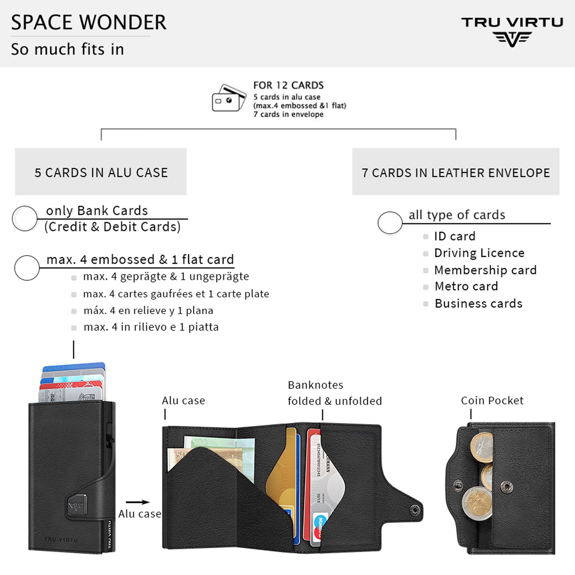 SPACE WONDER  
So much fits in

TRU VIRTU

FOR 12 CARDS  
5 cards in alu case (max. 4 embossed & 1 flat)  
7 cards in envelope

5 CARDS IN ALU CASE  
only Bank Cards (Credit & Debit Cards)  
max. 4 embossed & 1 flat card  
max. 4 geprägte & 1 ungeprägte  
max. 4 cartes gaufrees et 1 carte plate  
max. 4 en relieve y 1 plana  
max. 4 in rilievo e 1 piatta

7 CARDS IN LEATHER ENVELOPE  
all type of cards  
ID card  
Driving Licence  
Membership card  
Metro card  
Business cards

Alu case  
Banknotes folded & unfolded  
Coin Pocket

TRU VIRTU