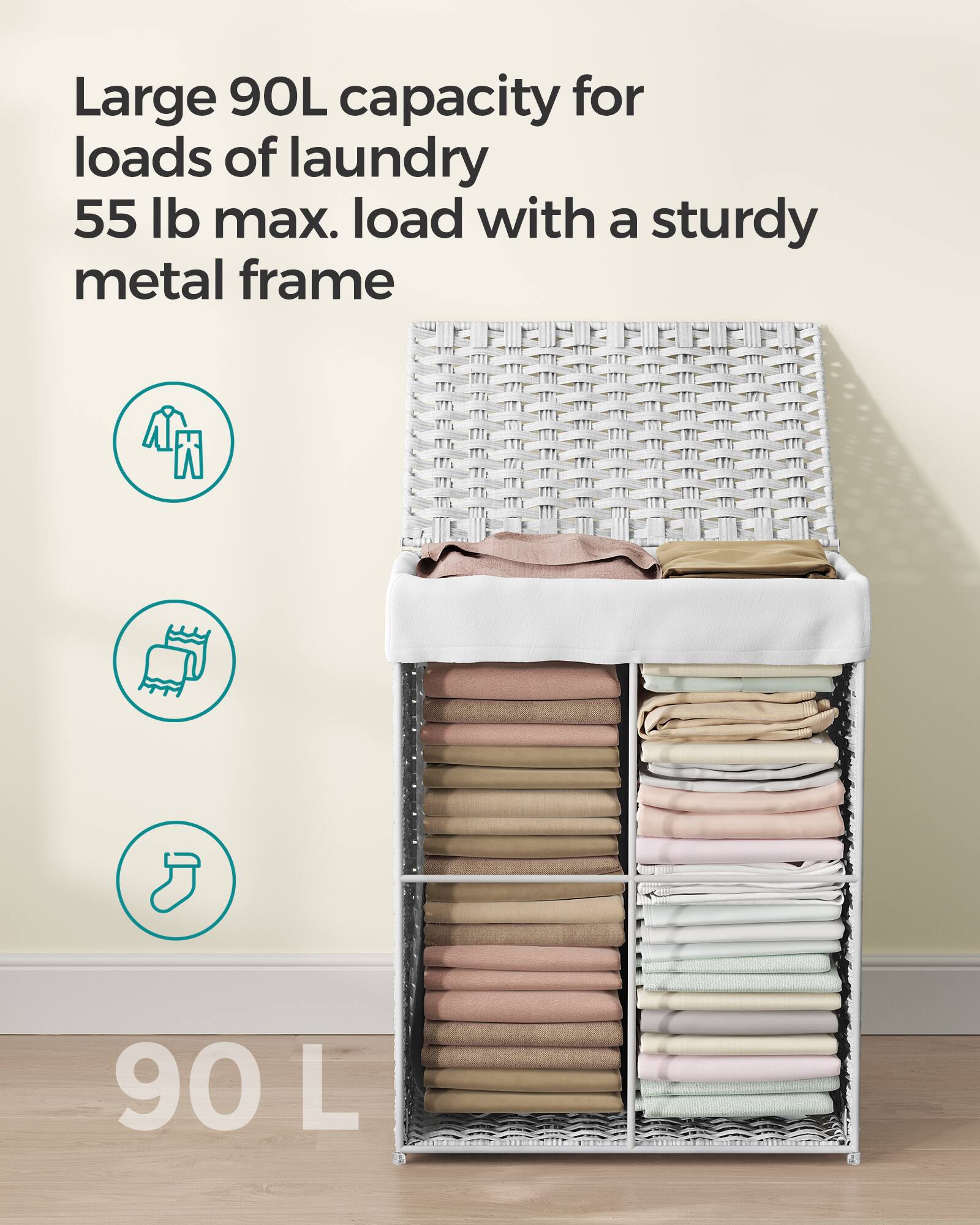 Large 90L capacity for loads of laundry 55 lb max. load with a sturdy metal frame

90L