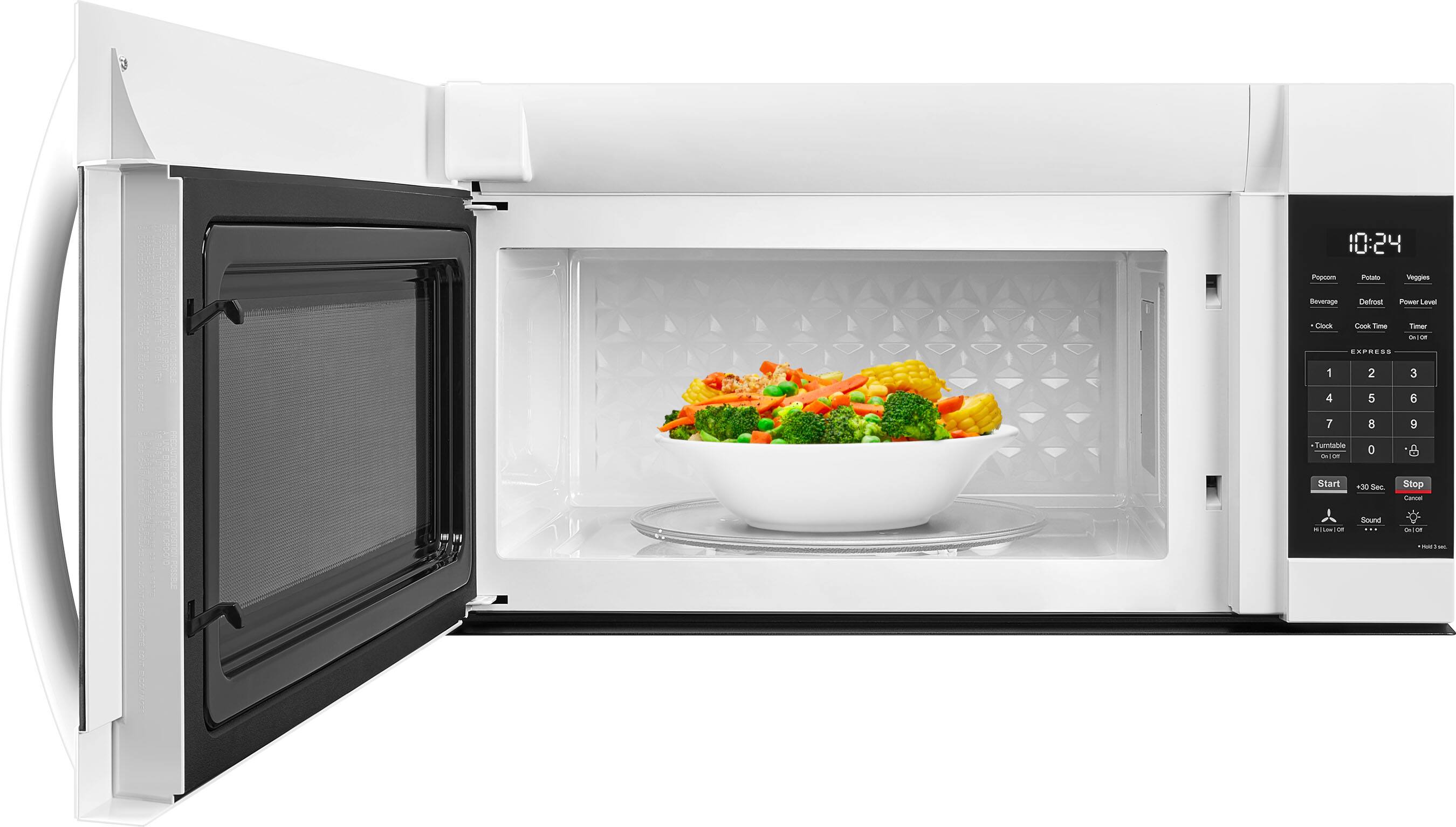 10:24  
Popcorn Potato Veggies Beverage Defrost Power Level Cook Time Timer  
EAPRESS  
1 2 3 4 5 6 7 8 9  
Turntable - o 0 8  
Start AdO See Stop  
Canoe - Sounds -