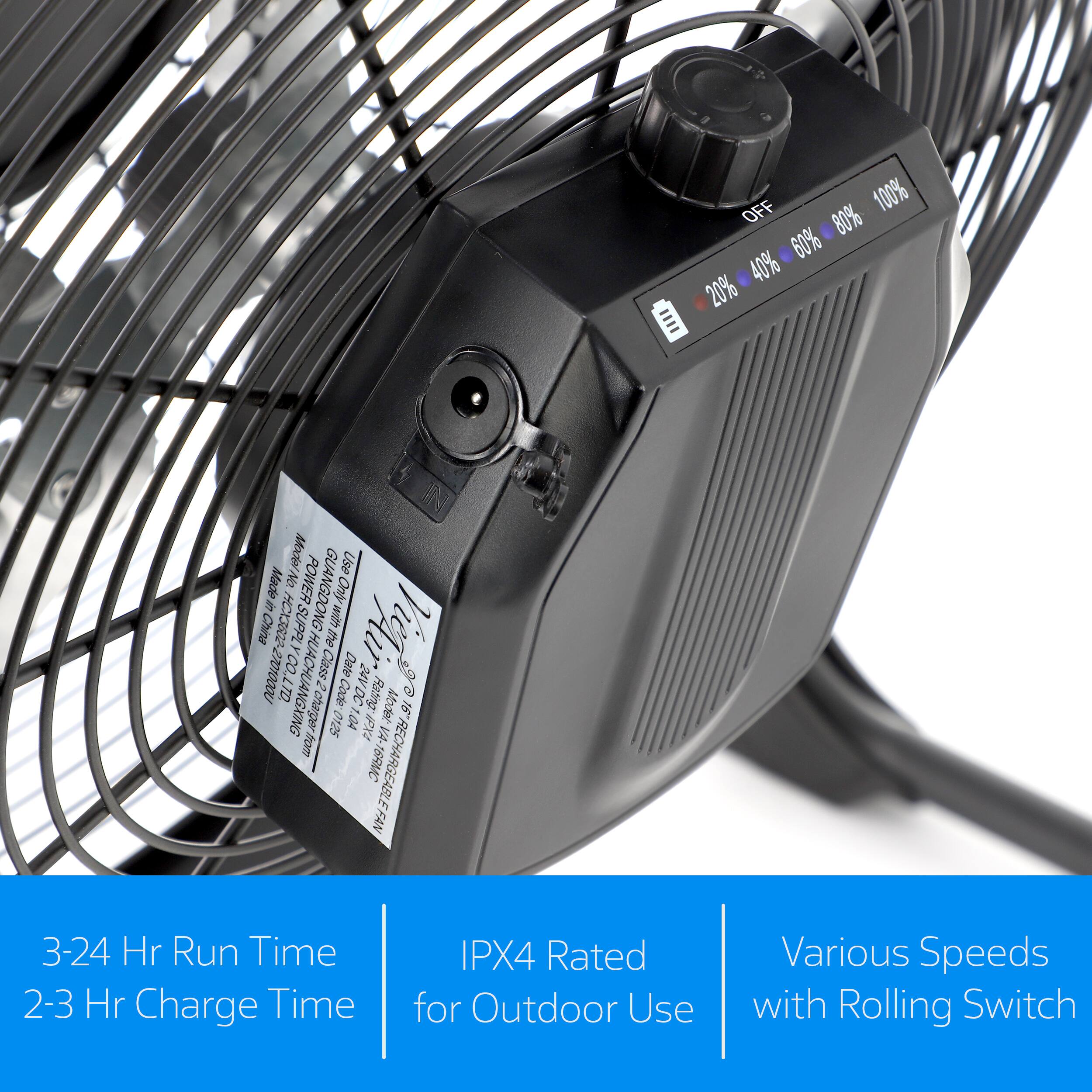 3-24 Hr Run Time
2-3 Hr Charge Time
IPX4 Rated for Outdoor Use
Various Speeds with Rolling Switch