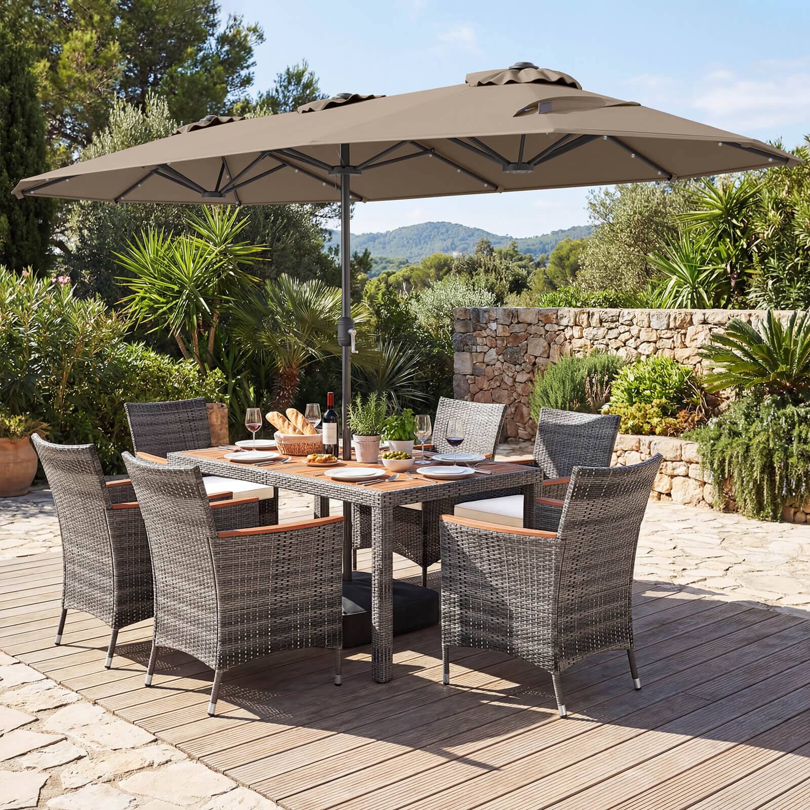 Alt View 4. Costway - Costway 8 PCS Outdoor Wicker Dining Furniture & Double-Sided Umbrella with Solar LED Lights - Tan + Mix Gray.