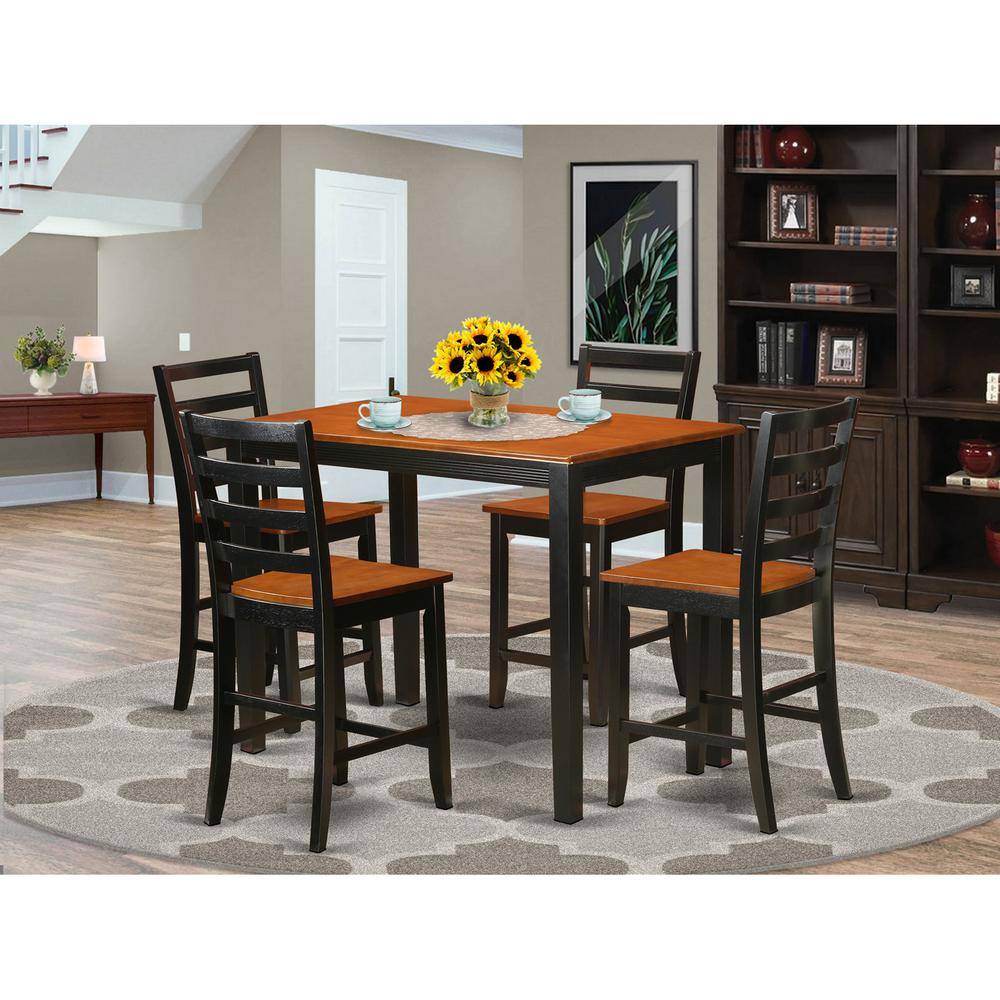 Back. East West Furniture - 5 Pc counter height pub set - Small Kitchen Table and 4 Kitchen bar stool. - Black & Cherry.