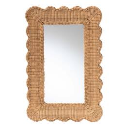 bali & pari - Makoto Scalloped Natural Rattan Wall Mirror - Handwoven Wicker Rectangle Frame, Boho Coastal Accent Wall Décor - Honey