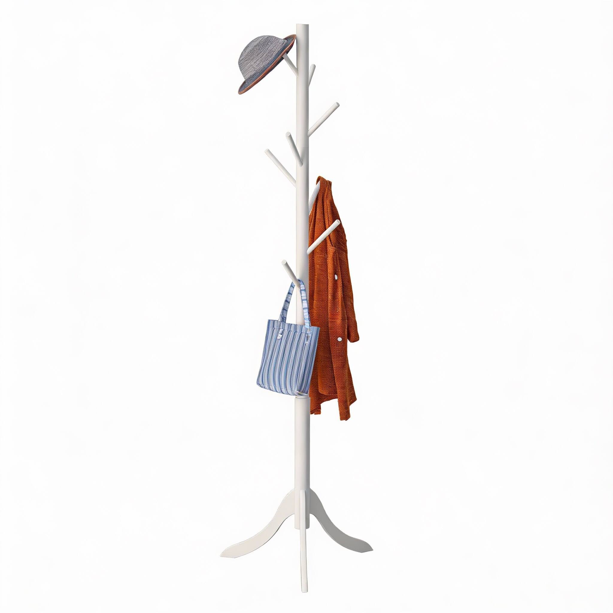 Frangdom - Bamboo Coat Rack 8 Hooks Adjustable Height Tool-Free Assembly - White 18.4"D x 18.4"W x 69.3"H