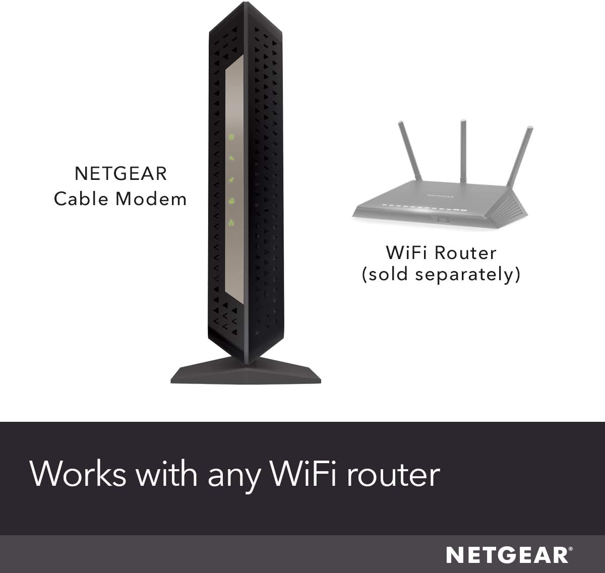 NETGEAR Cable Modem  
WiFi Router (sold separately)  
Works with any WiFi router  
NETGEAR