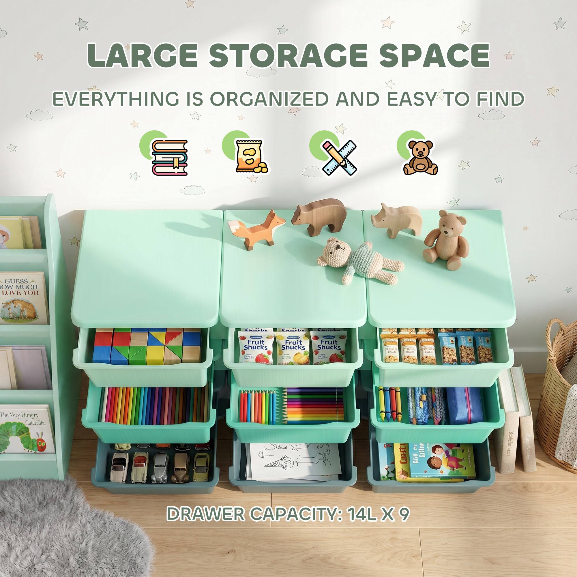 LARGE STORAGE SPACE  
EVERYTHING IS ORGANIZED AND EASY TO FIND  

DRAWER CAPACITY: 14L X 9