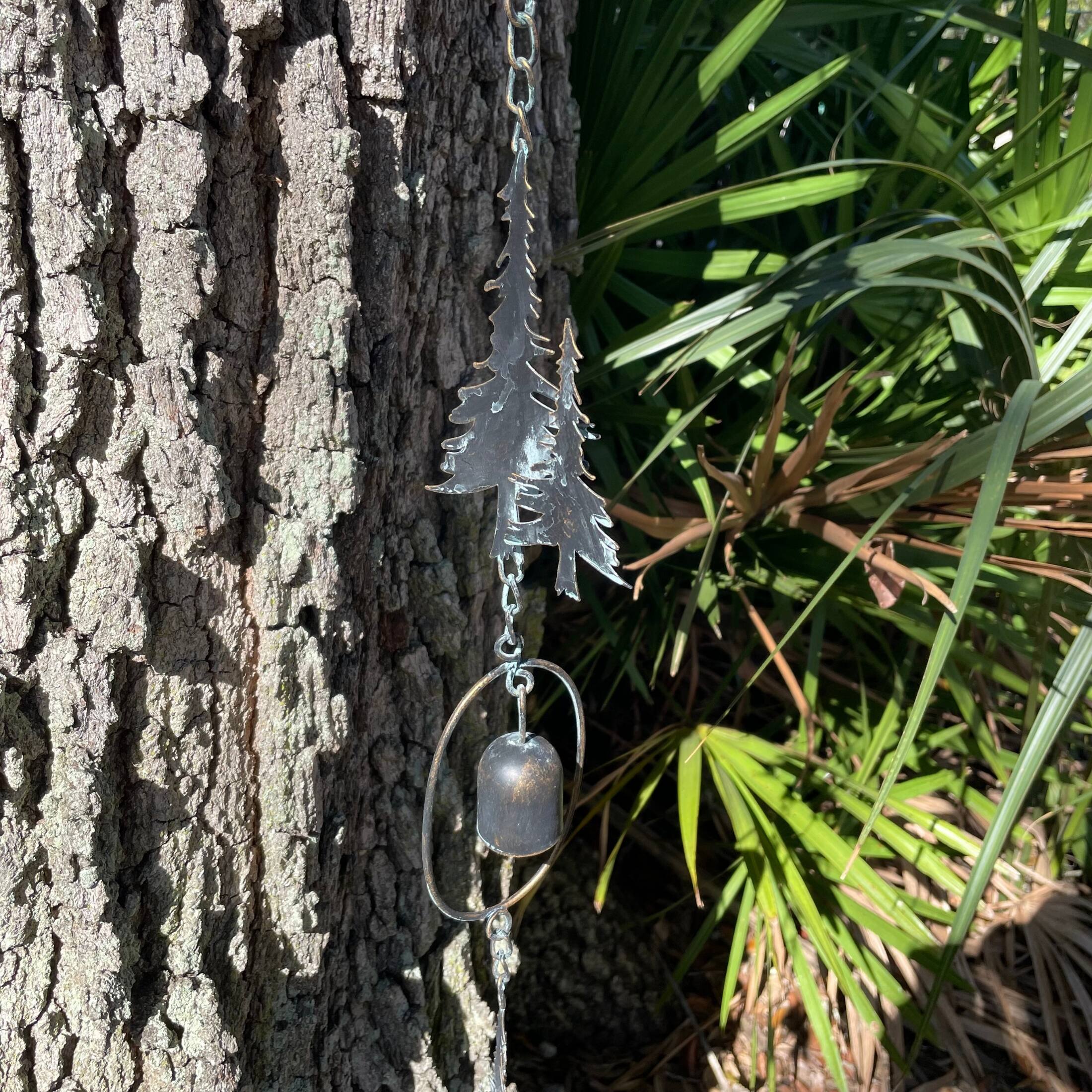 Alt View 3. Things2Die4 - 70" Metal Rain Chain - Forest Trees & Zen Bells, Aged Verdigris, 3.25" Diameter - Black.