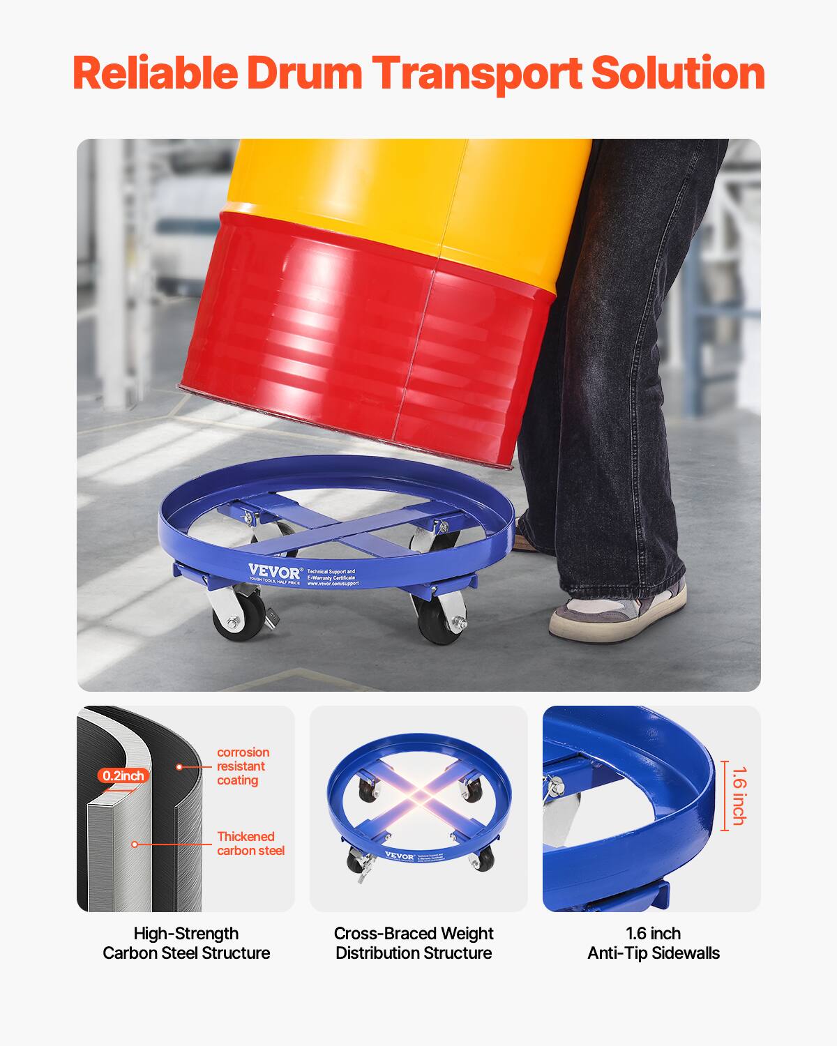 Reliable Drum Transport Solution

- 0.2 inch corrosion resistant coating
- Thickened carbon steel
- 1.6 inch High-Strength Carbon Steel Structure
- Cross-Braced Weight Distribution Structure
- 1.6 inch Anti-Tip Sidewalls