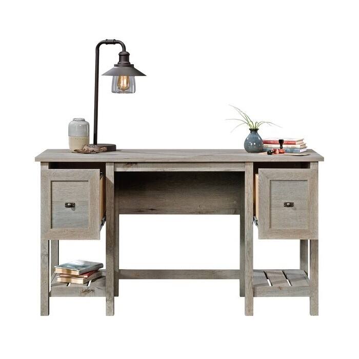 Angle. SlickBlue - Top Drawer Farmhouse Office Desk with 2 Storage Drawers - Light Oak.