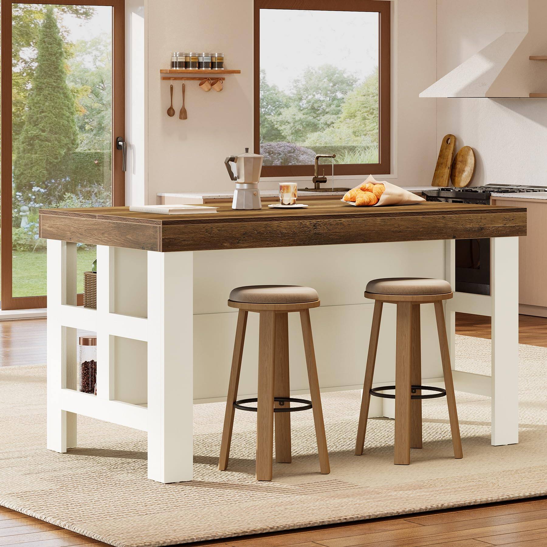 Left. Tribesigns - 55.1-Inch Kitchen Island with Seating Space and Storage for Kitchen or Dining Room - Walnut Brown and White.