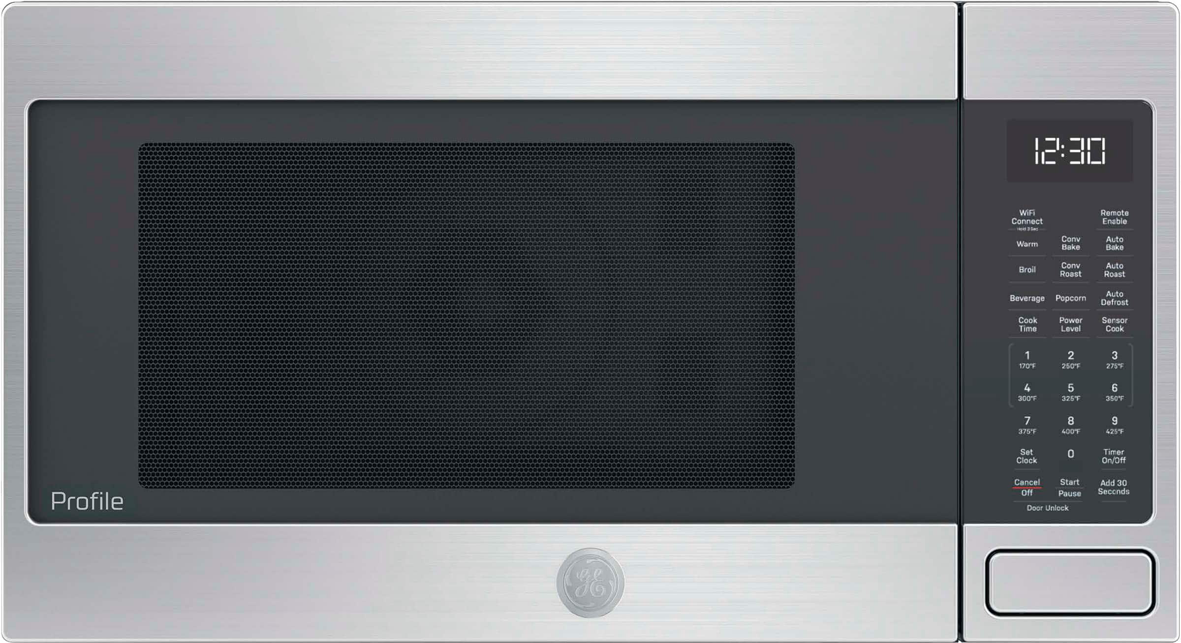 The text on the image reads:
12:30 WIF Connect - Frsac Warm Conv Bake Remote Enable Auto Bake Broil Conv Roast Auto Roast Auto Beverage Popcorn Defrost Cook Time Power Level Sensors Cook 1 170F 2 2607 3 275% 4 300' 5 326T 6 350F 7 375 8 400% 9 4257 Set Clock 0 Timer On/Off Profile Cancel Start of! Pause Door Unlock Add 30 Seconds