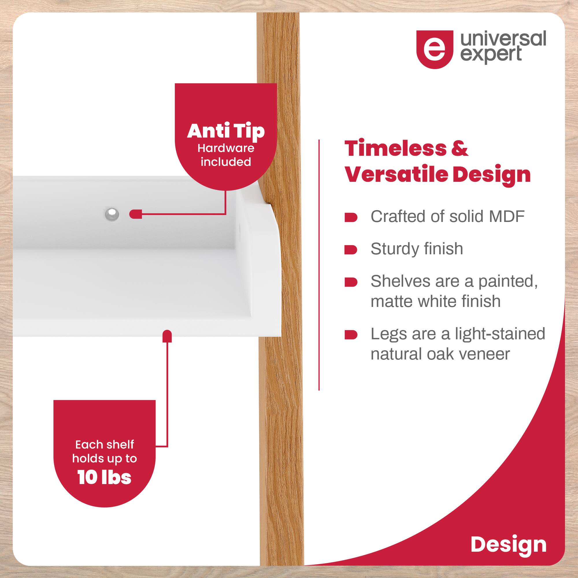 The image features a white shelf with a natural oak veneer, designed to hold up to 10 lbs. The shelf is crafted from solid MDF and has a sturdy finish. The design is timeless and versatile, making it suitable for various settings. The shelf is equipped with anti-tip hardware to ensure safety and stability.