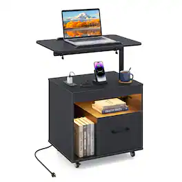 Costway - 1 PCS Nightstand with Power Outlets,Modern Bedside Table with Flip over&Rotatable Tabletop - Black