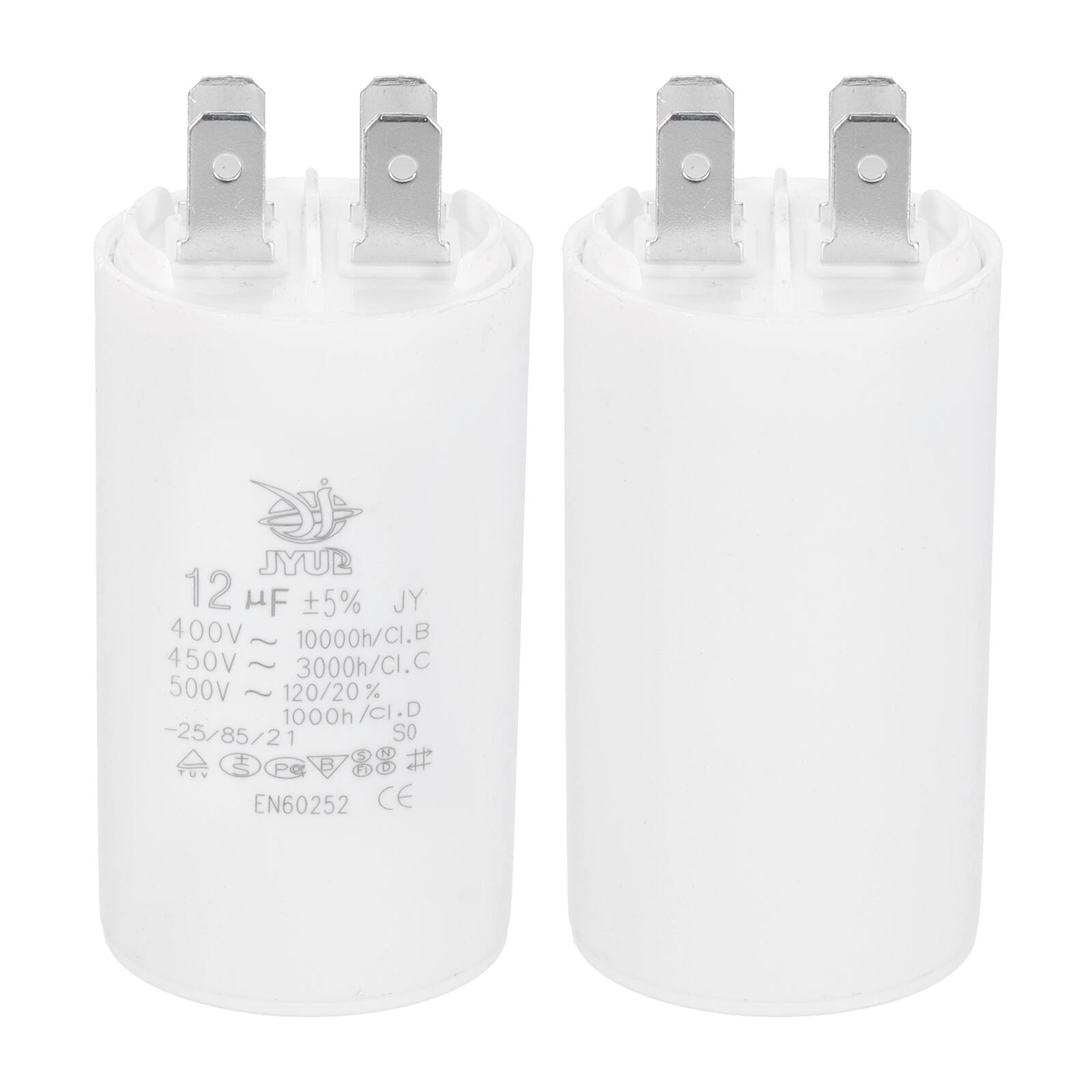 JYUB  
12 µF ±5% JY  
400V ~ 10000h/CI.B  
450V ~ 3000h/CI.C  
500V ~ 120/20% 1000h/CI.D  
-25/85/21  
S N  
Pe #  
TUV EN60252 CE