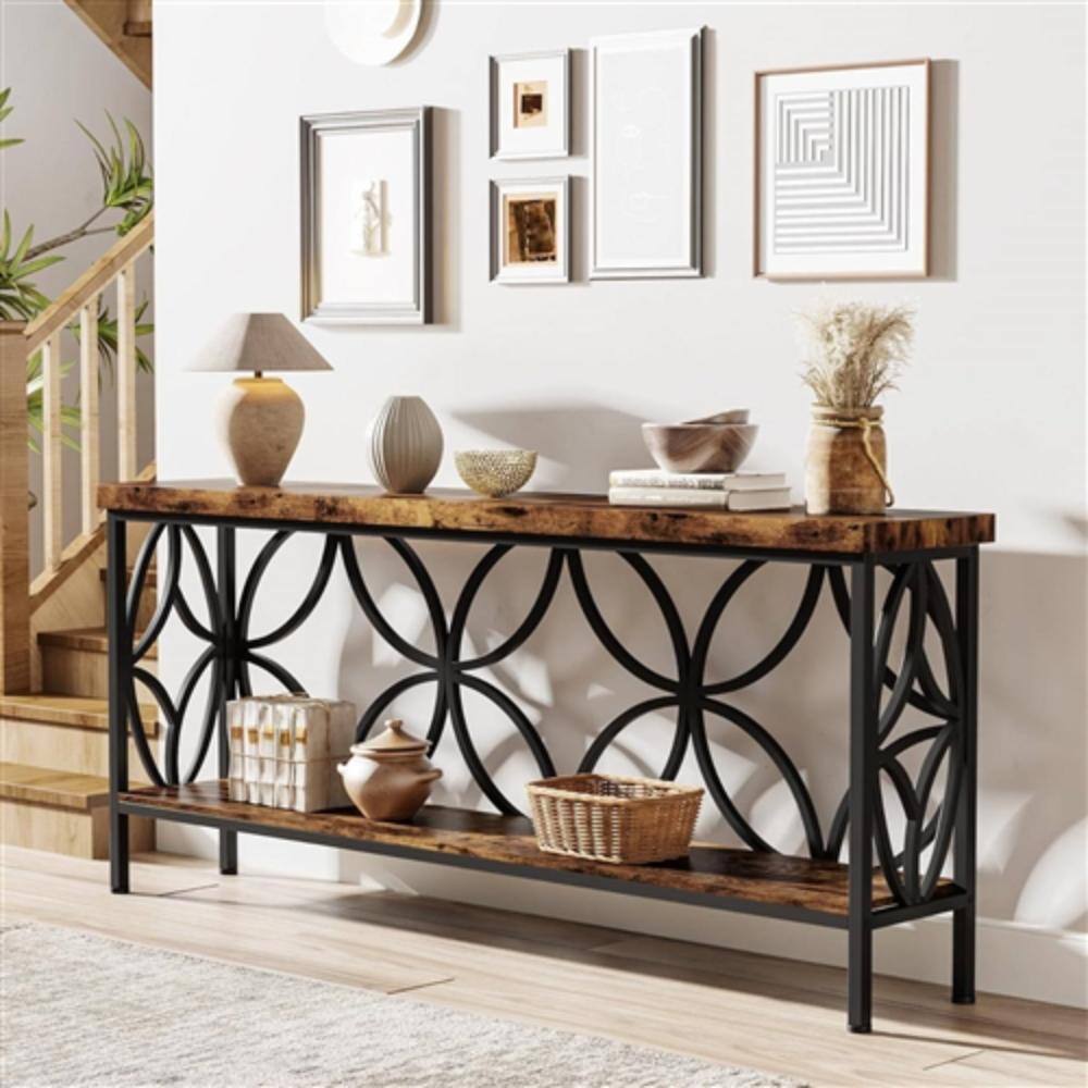 Angle. Hivvago - Modern 70-inch Long Narrow Console Sofa Table with Brown Wood Top and Shelf - Brown.