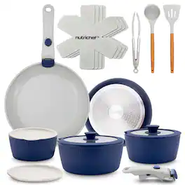 NutriChef - 18-Piece Ceramic Cookware Set with Detachable Handles, Non Stick Pots and Pans - Blue