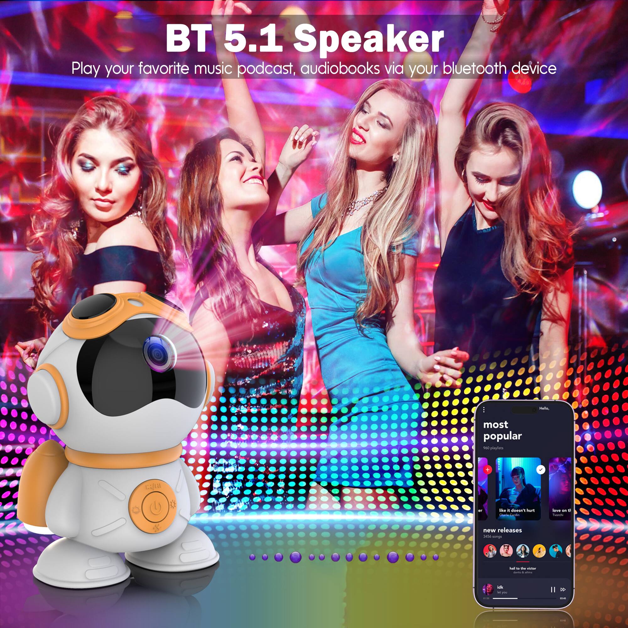 BT 5.1 Speaker  
Play your favorite music podcast, audiobooks via your bluetooth device  

most popular  
500 playlists  

new releases