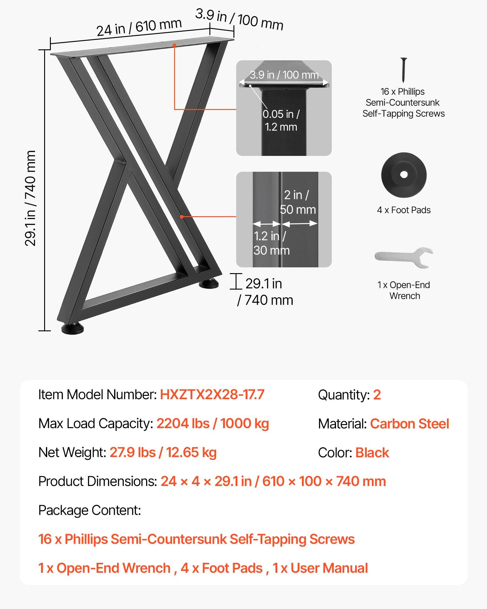 3.9 in / 100 mm  
24 in / 610 mm  
0.05 in / 1.2 mm  
2 in / 50 mm  
1.2 in / 30 mm  
29.1 in / 740 mm  

Item Model Number: HXZTX2X28-17.7  
Quantity: 2  
Max Load Capacity: 2204 lbs / 1000 kg  
Material: Carbon Steel  
Net Weight: 27.9 lbs / 12.65 kg  
Color: Black  
Product Dimensions: 24 x 4 x 29.1 in / 610 x 100 x 740 mm  

Package Content:  
16 x Phillips Semi-Countersunk Self-Tapping Screws  
1 x Open-End Wrench  
4 x Foot Pads  
1 x User Manual