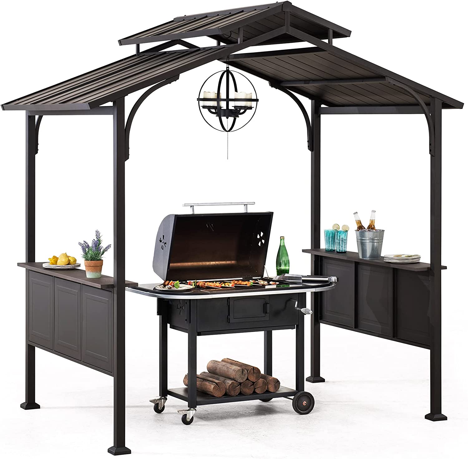 Angle. SUNJOY - Sunjoy 5 ft. x 8 ft. Brown Steel 2-tier Grill Gazebo Hard Top.