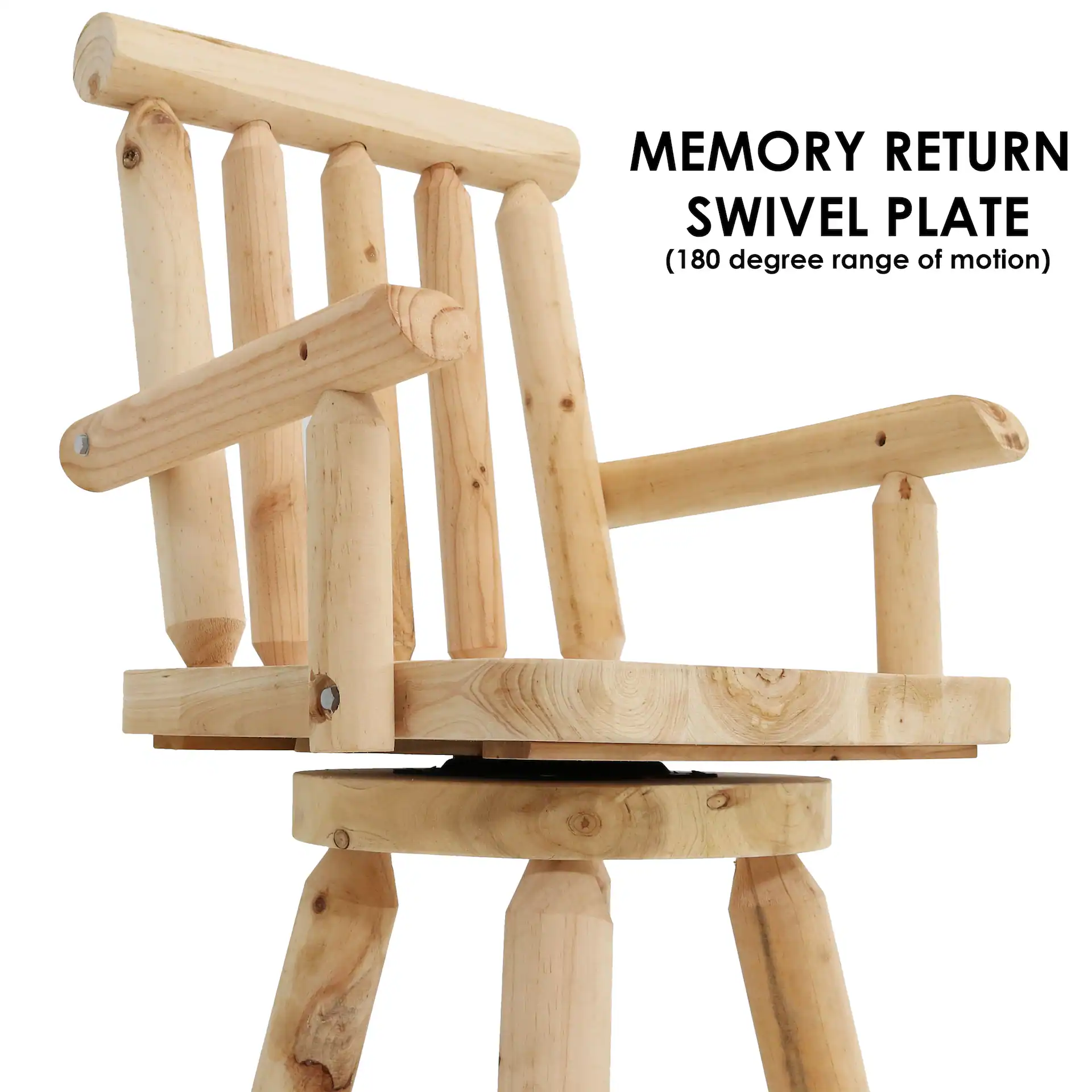 Close-up of the memory return swivel plate on a wooden stool.