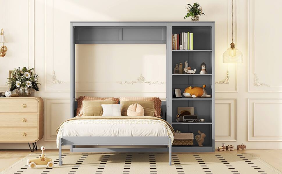 Alt View 10. Tiramisubest - Queen Size Gray Murphy Wall Bed with Shelves, Solid Wood + MDF, Space-Saving - Gray.