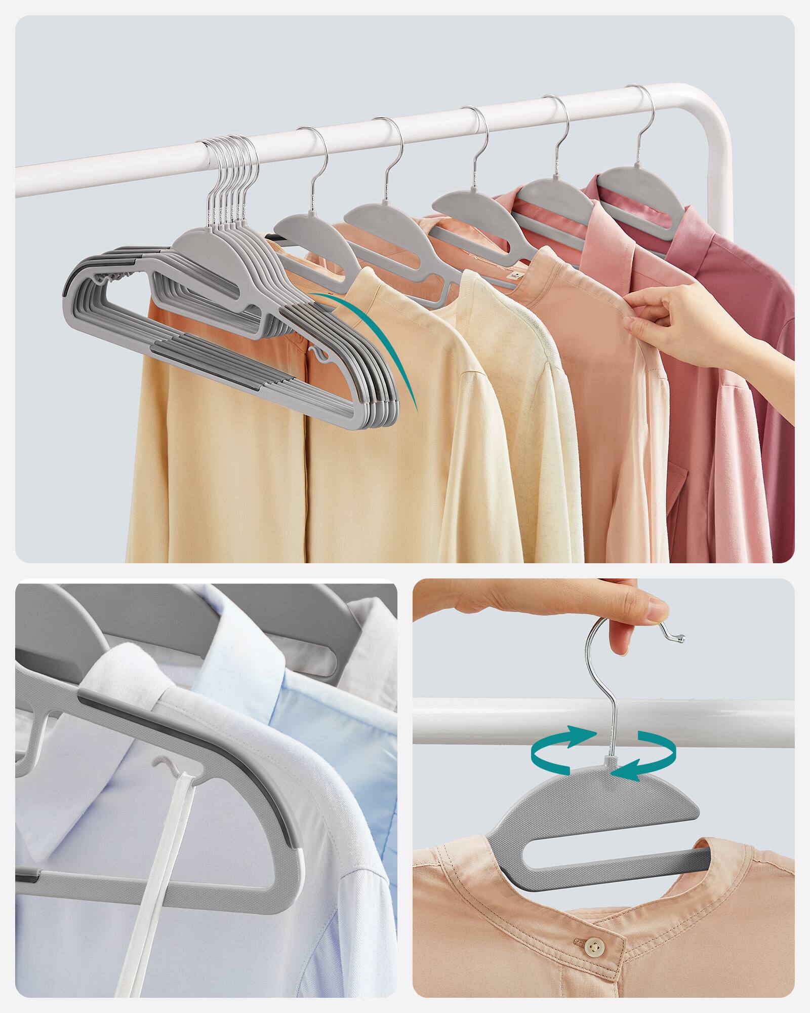 Angle. Songmics Home - 50 Pack Coat Hangers, Heavy-Duty Plastic Suit Hangers, S-Shaped Opening, Non-Slip, Space-Saving, 360º Swivel Hook - Light Gray and Dark Gray.