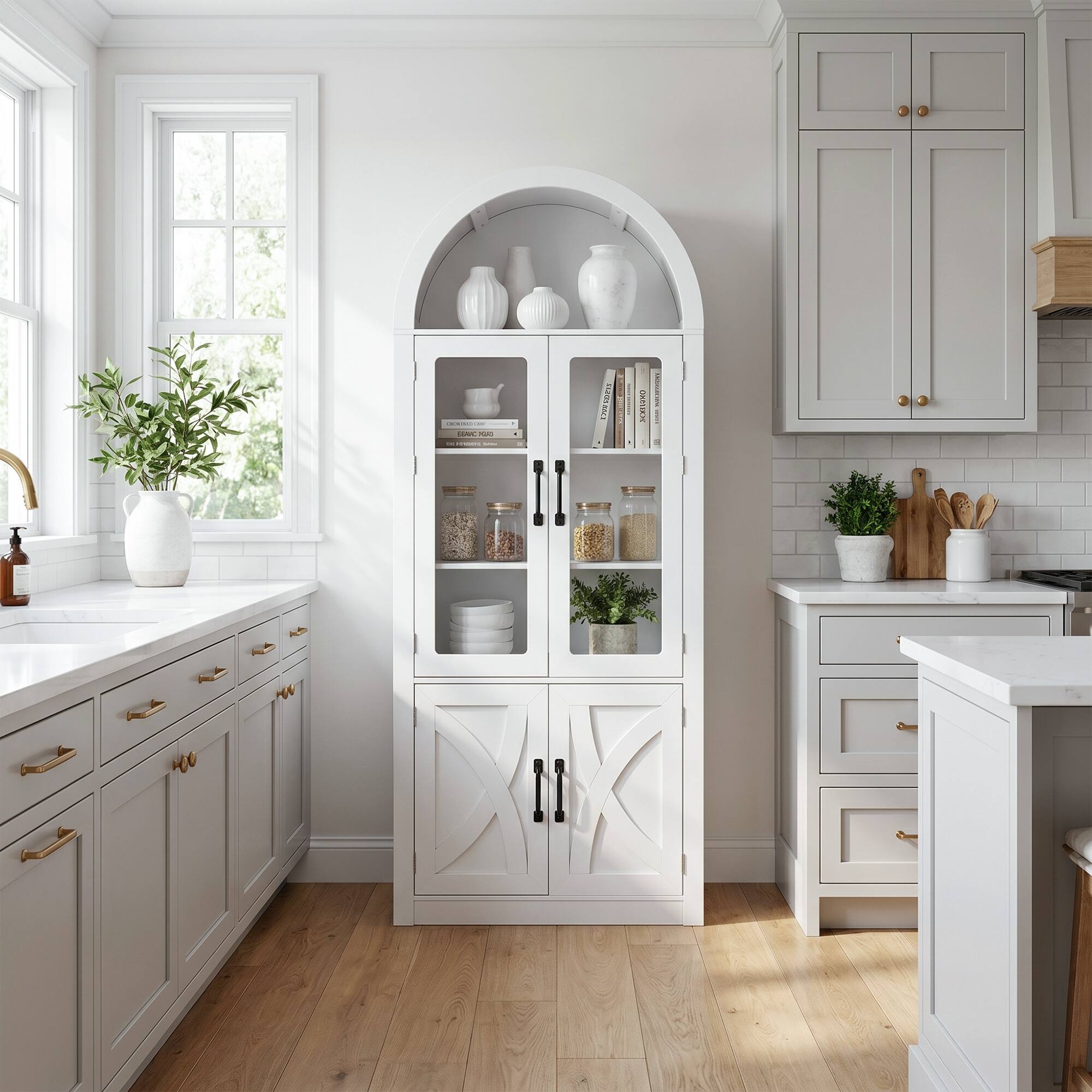 Angle. Ihomeadore - 69.7 Inch Modern Wood Arched Display Cabinet with 4 Doors and 3 Adjustable Shelves - White.