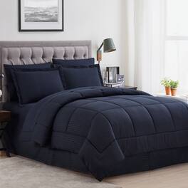 Sweet Home Collection - 8 Piece Embossed Dobby Stripe Bed in a Bag All Season Complete Set with Sheets - Queen - Navy