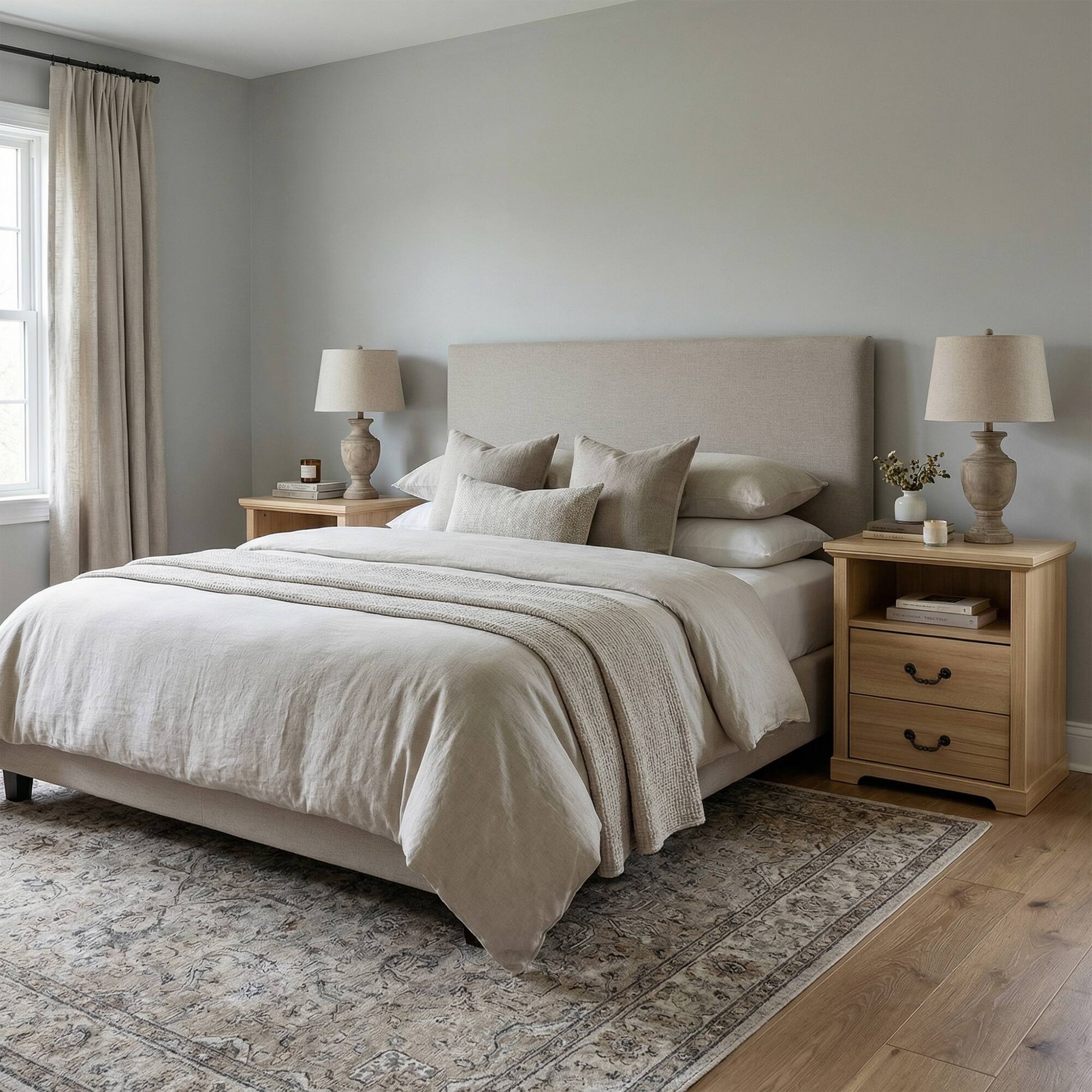 Left. Vaczon - Rustic Natural Nightstands (Set of 2) with Open Shelf and 2 Drawers - Natural.