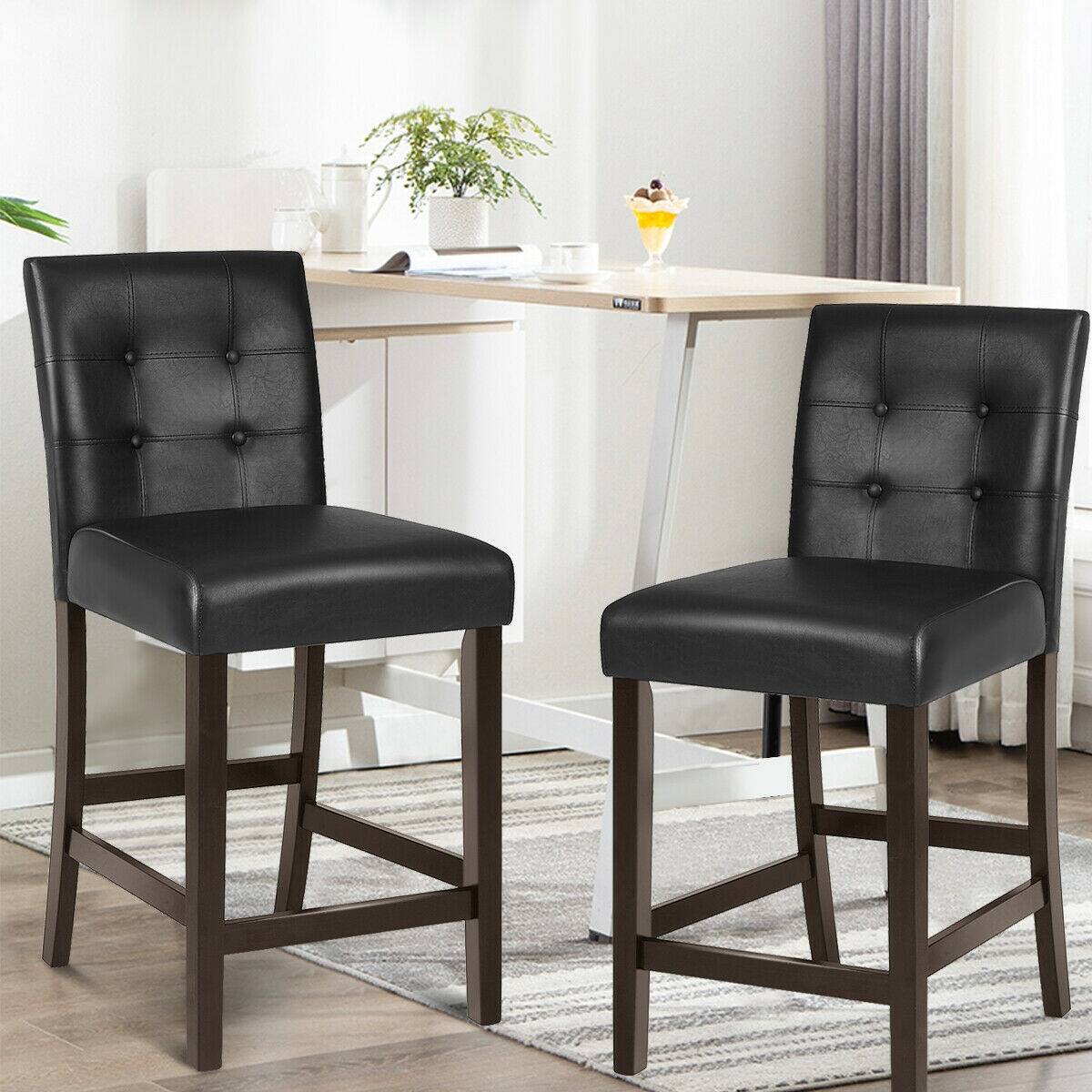 Alt View 7. Ecooso - Set of 2 PVC Leather Bar Stools with Solid Wood Legs - Black.