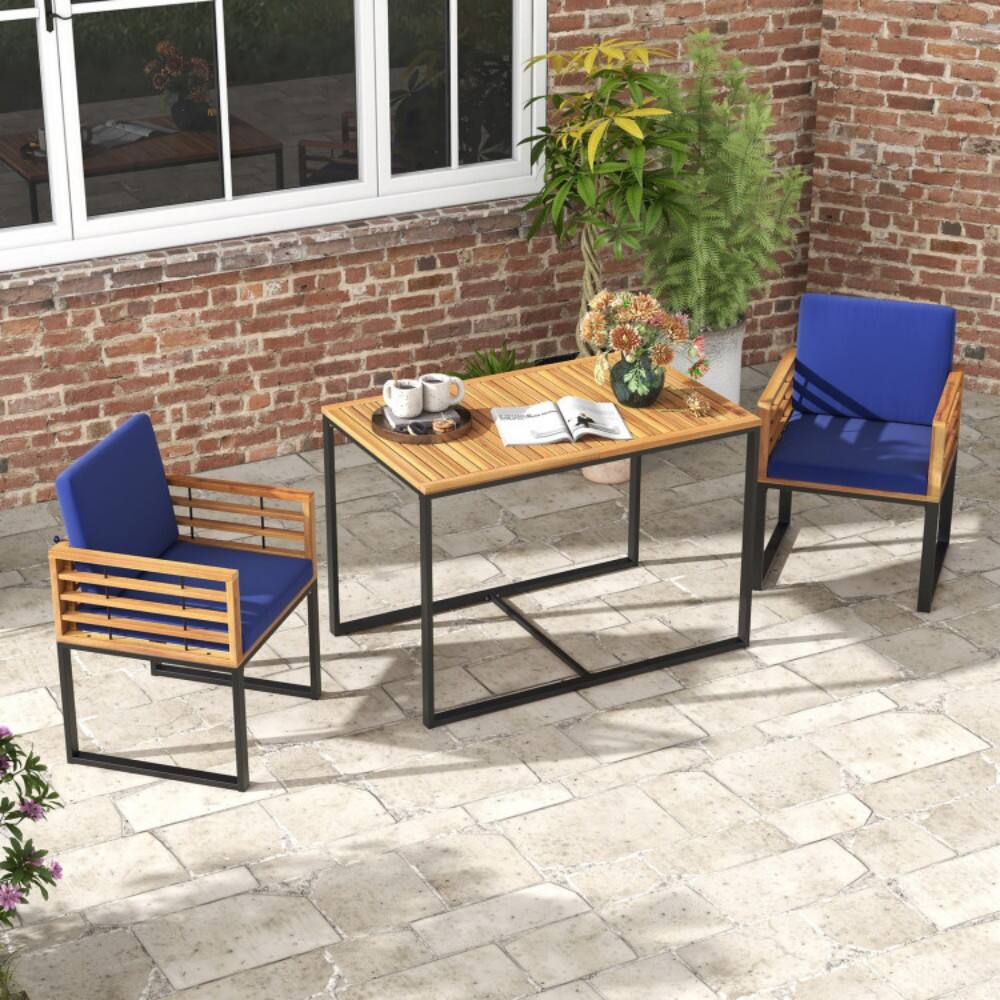 Left. Mondawe - 3 Pieces Outdoor Dining Set with 2 Acacia Wood Armchairs and Dining Table - Navy.