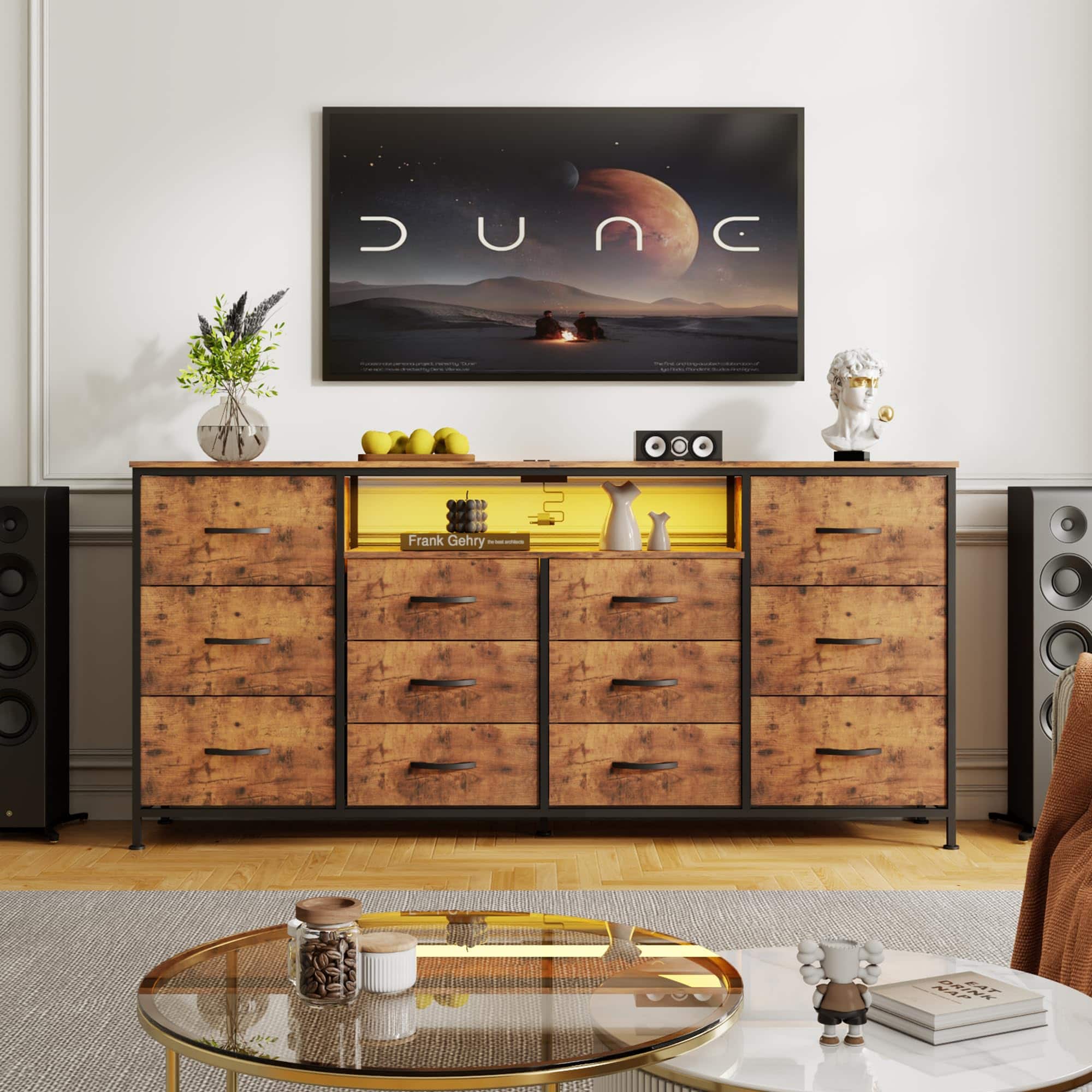 Qeetex - 63" Dresser TV Stand for 65-75 Inch TVs, Fabric Chest with Charging Station, LED Lights & 12 Drawers - Brown