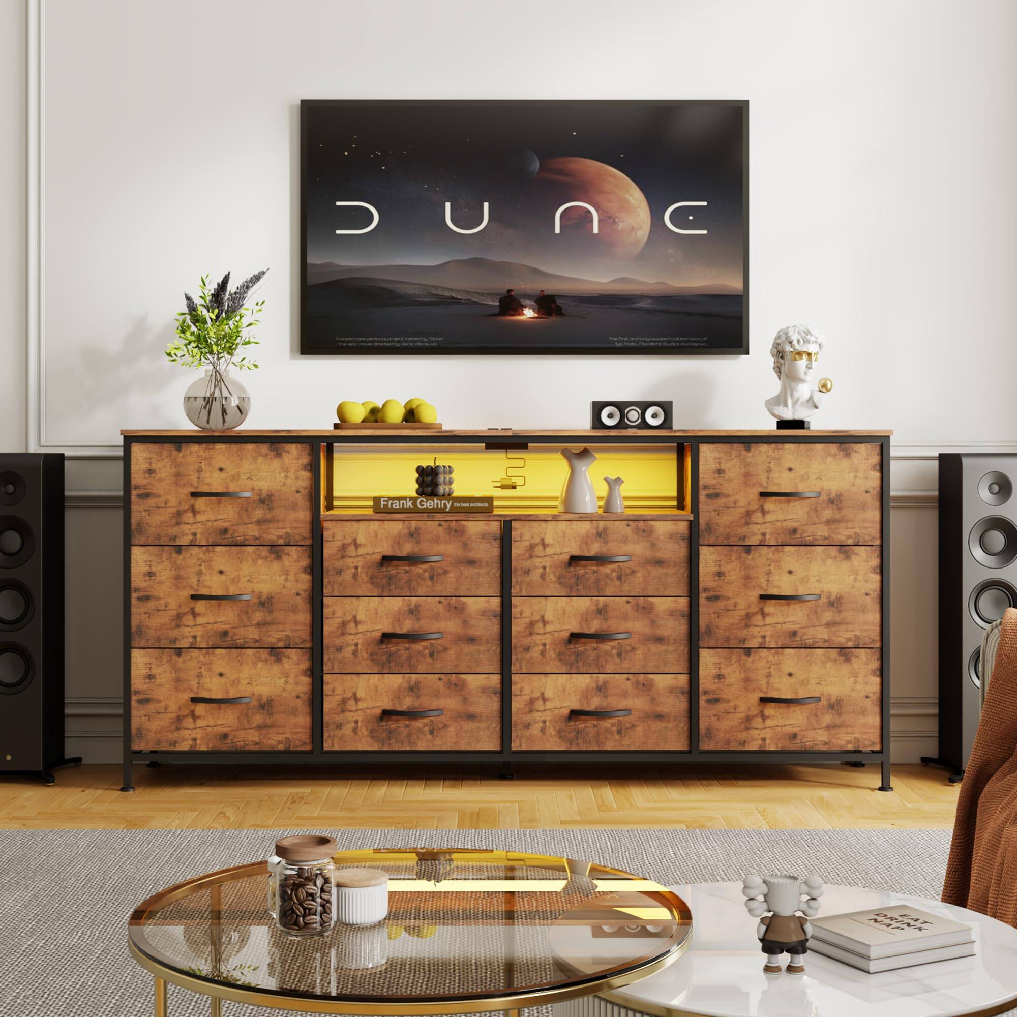 Jojoka - 63" Dresser TV Stand for 65-75 Inch TVs, Fabric Chest with Charging Station, LED Lights & 12 Drawers - Brown