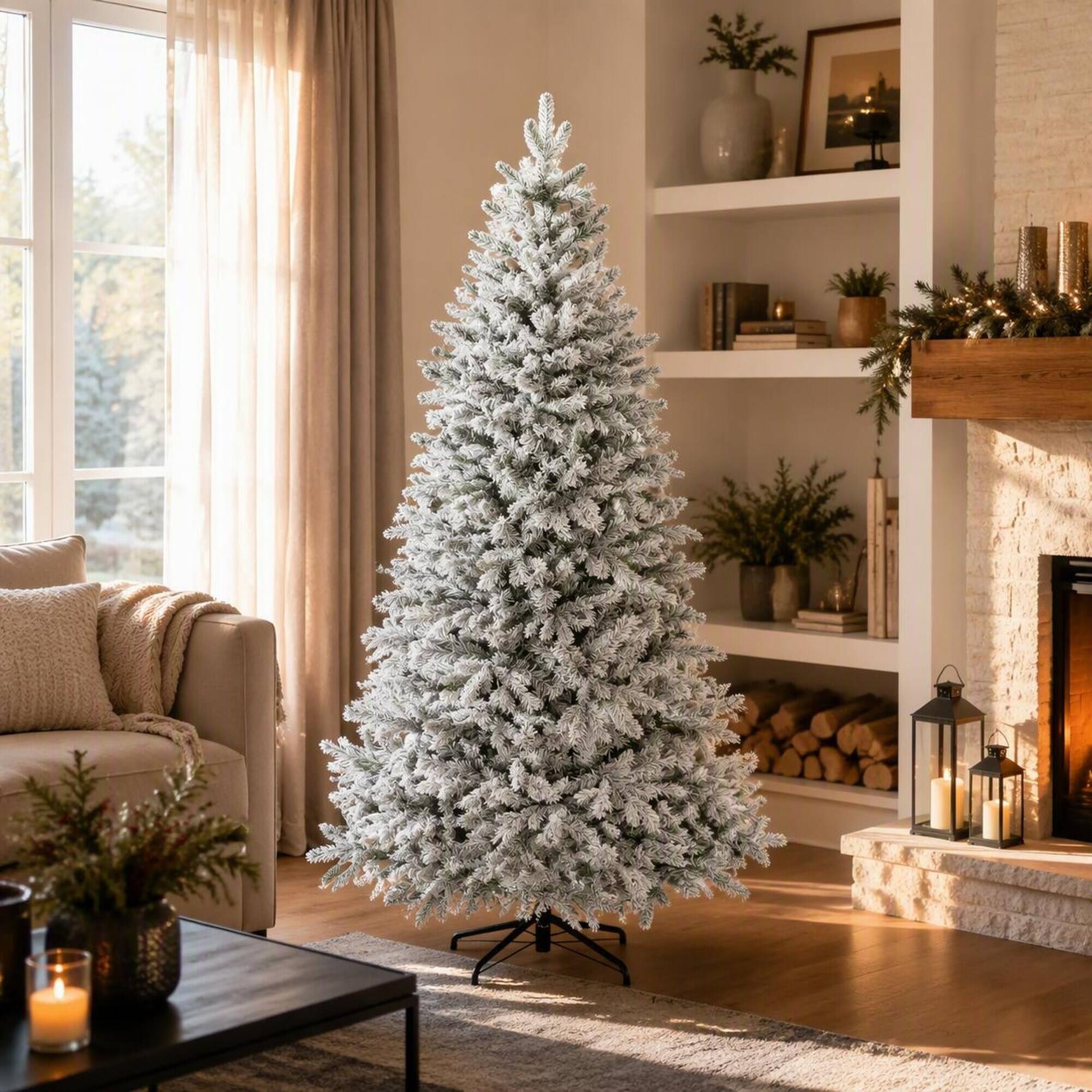Left. RYHNUYNE - 7.5 Ft Artificial Frosted Christmas Tree, Realistic Branches Wide Full Spruce Hinged Design Easy Assembly Holiday Decor - Green.