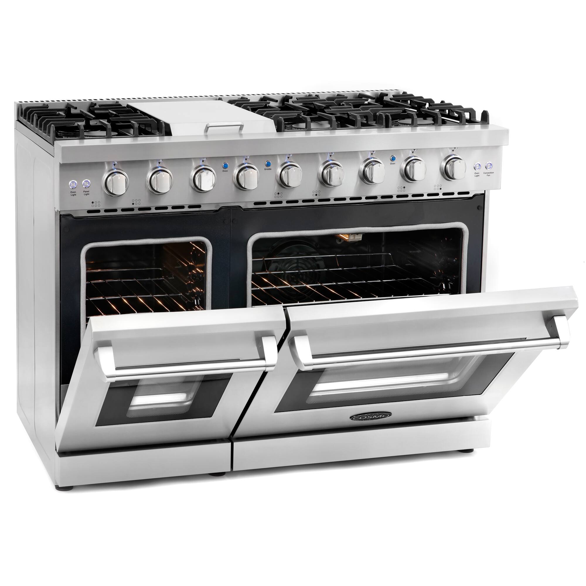 Alt View 3. COSMO - COS-EPGR486G 48 in. Haven Collection 7 cu. ft. Double Oven Gas Range, 6 Burners, Griddle, Convection, Knob LEDs - Stainless Steel.