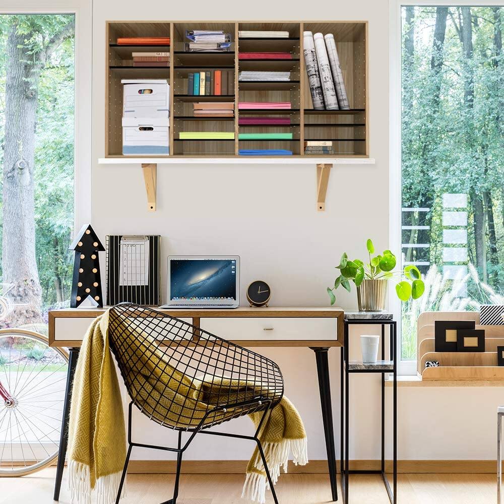 Left. AdirOffice - Literature Organizer, Wood Adjustable 36 Compartment Literature File Organizer, 11.8”D x 39.3”W x 23.9”H - Medium Oak.