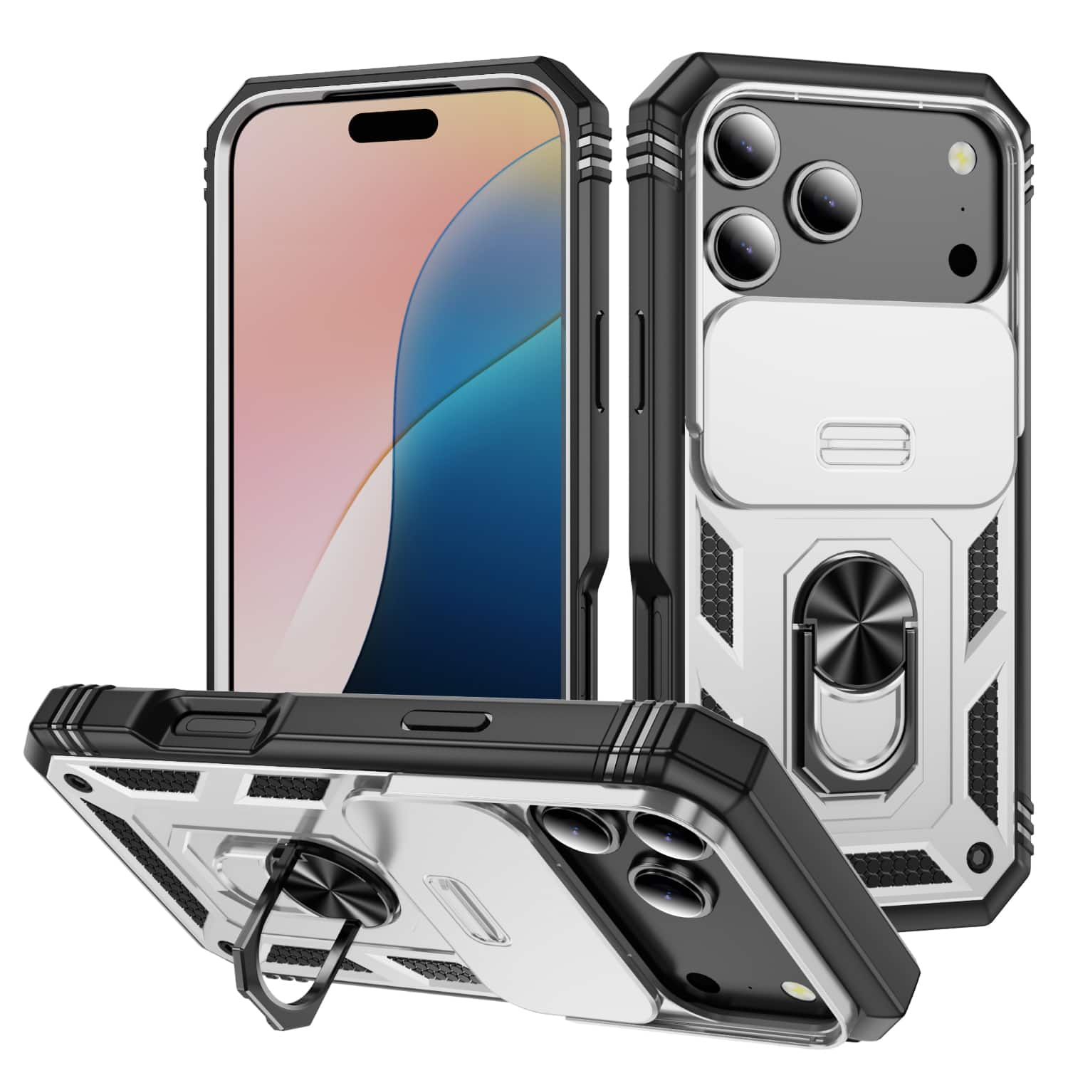 Dteck - Slide Camera Lens Case For iPhone 17 Pro Max, Shockproof Magnetic Ring Kickstand PC TPU Hard Cover - Silver/Black price history on PriceWatchPro