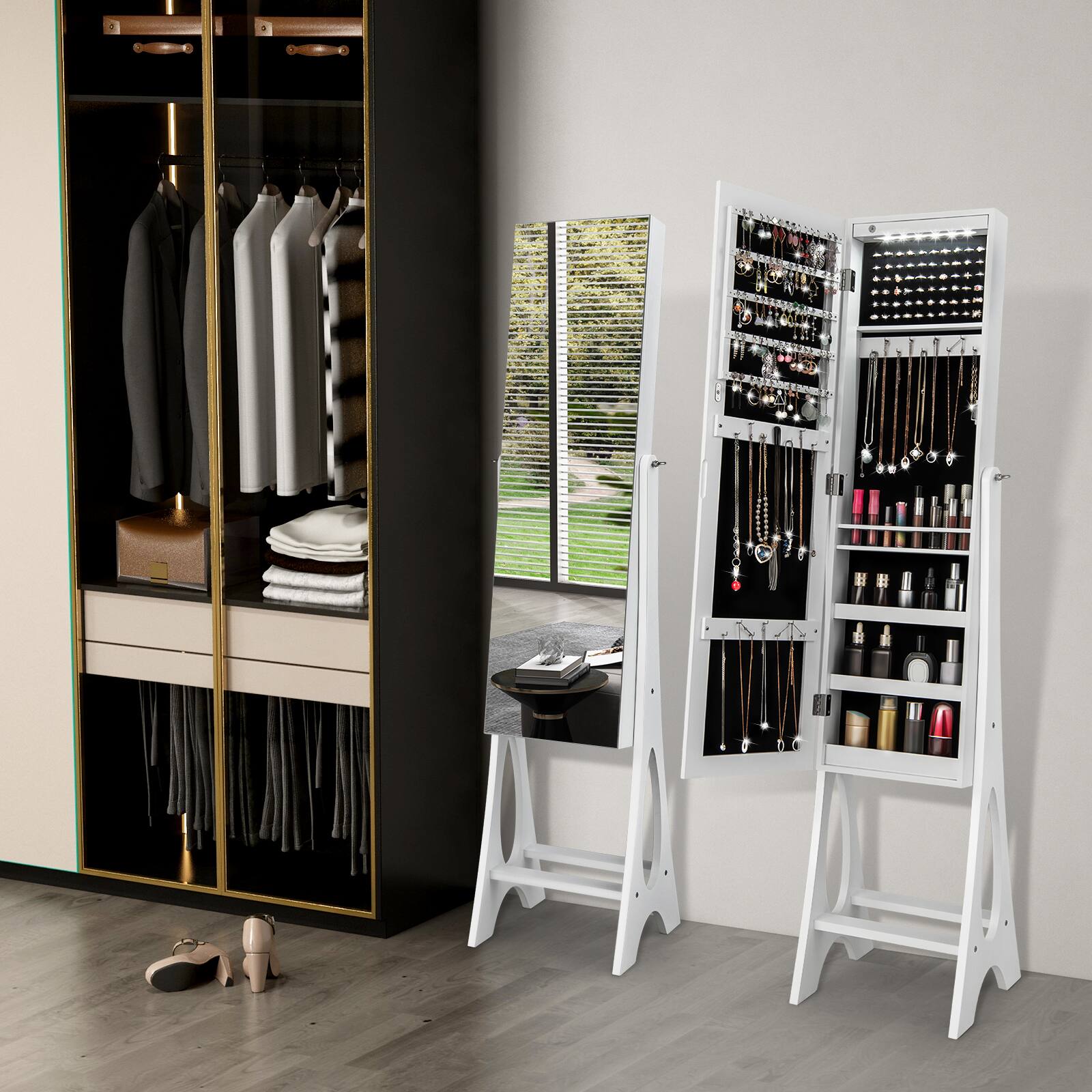 Alt View 12. Costway - LED Jewelry Cabinet Armoire with  Bevel Edge Mirror Organizer Mirrored Standing White - White.