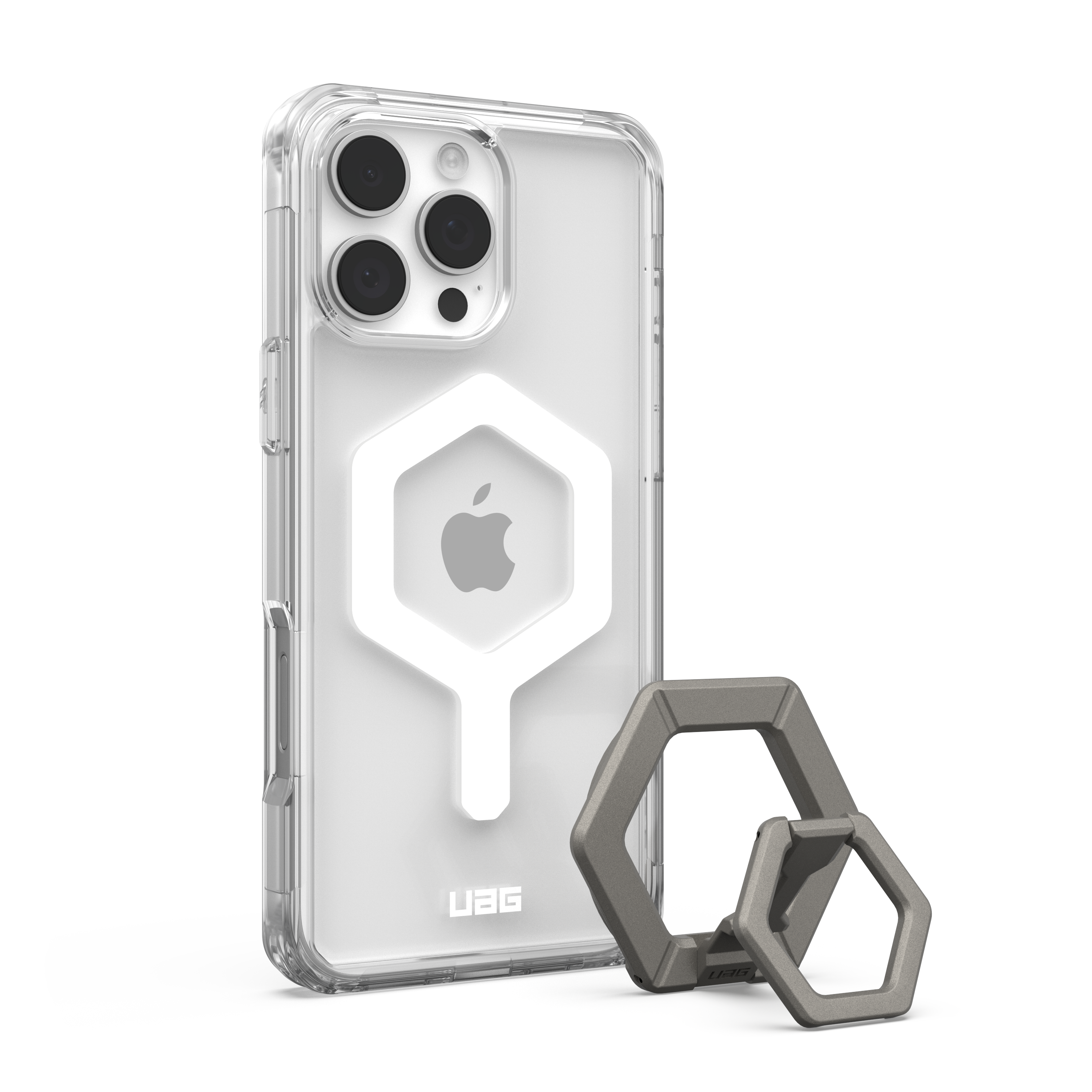 Front. UAG - Bundle: Plyo Series MagSafe Case and Ring Stand for iPhone 16 Pro Max - Ice White/Titanium.