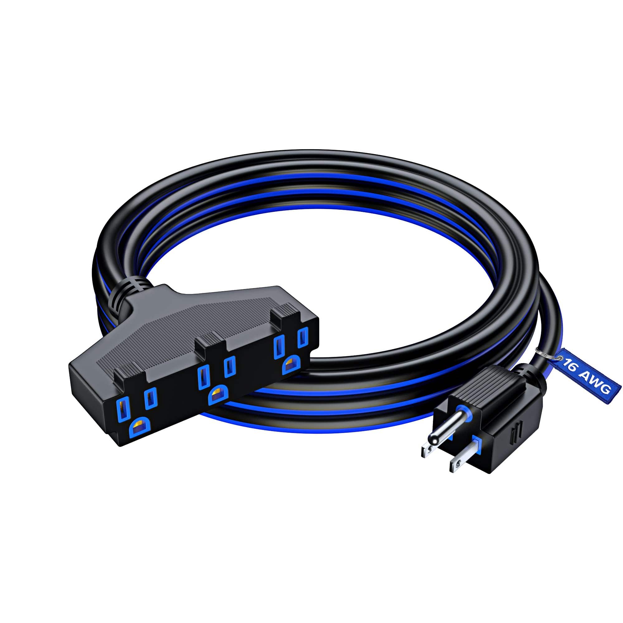 Maximm - Extension Cord 10 ft, SJTW Extension Cord with Multiple Outlets, 16 Gauge ETL Listed - Black and Blue