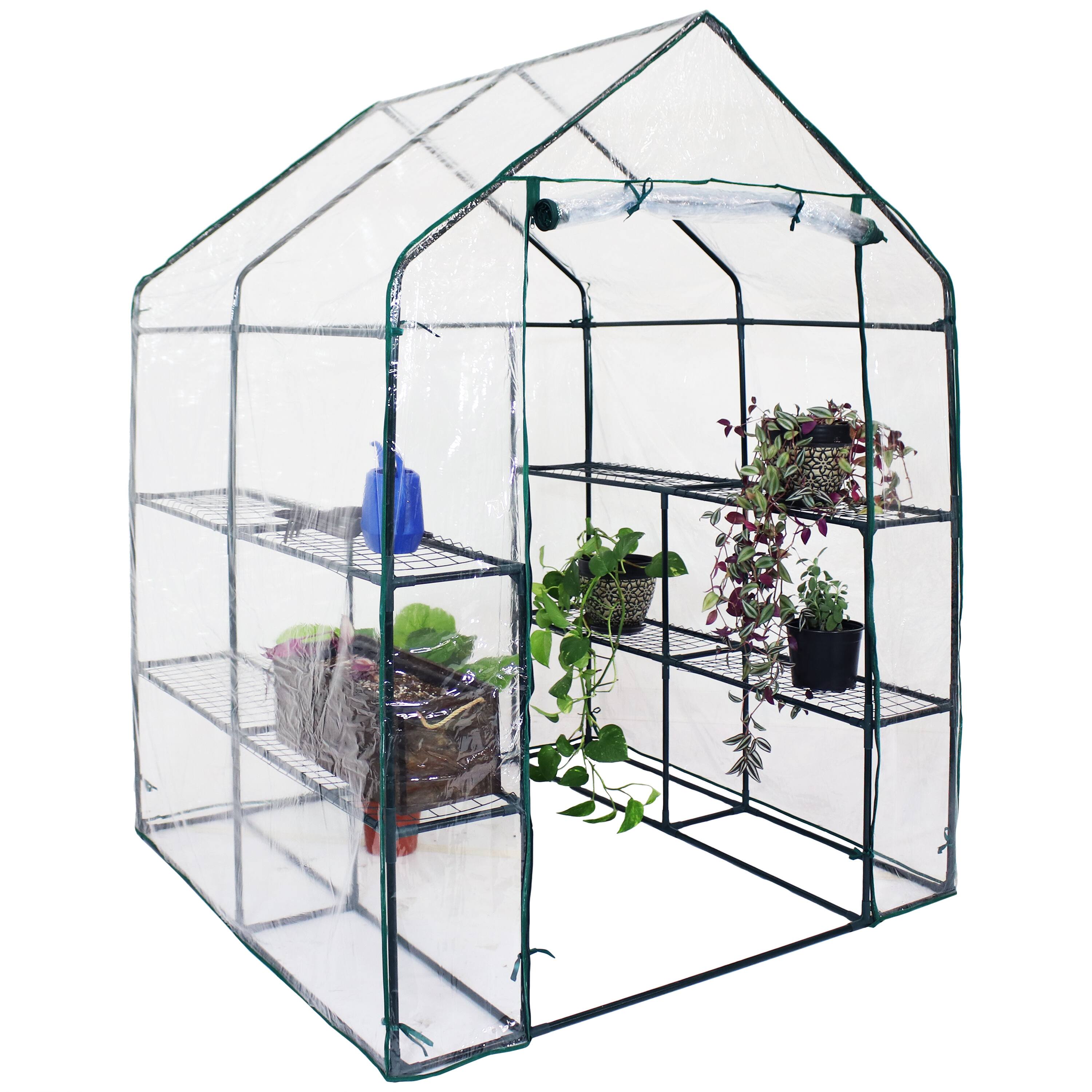 Alt View 4. Sunnydaze - Grandeur Walk-In Greenhouse with 4 Shelves for Outdoors - Clear.