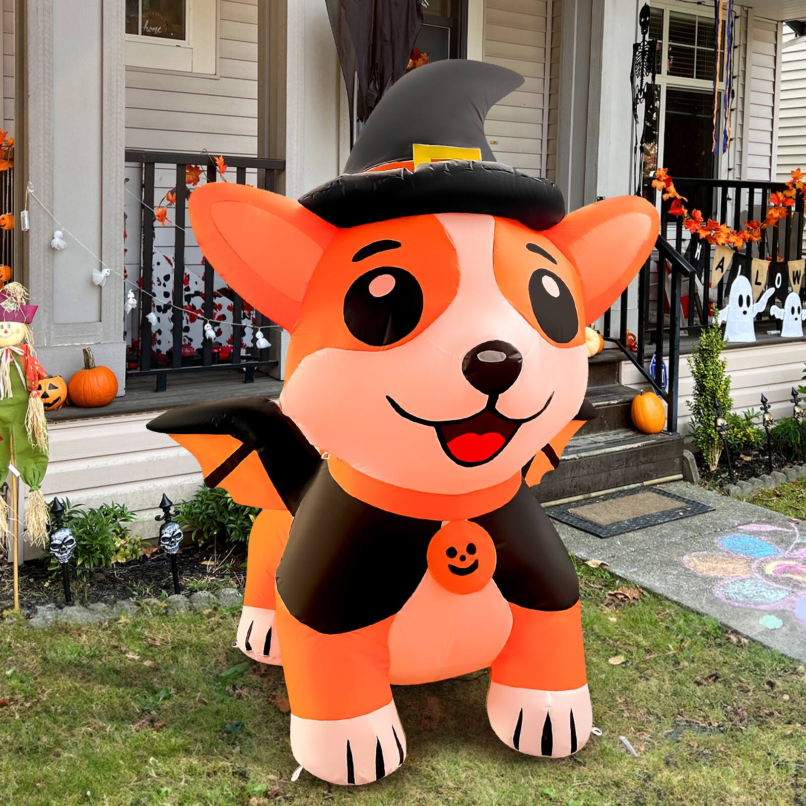 Back. GOOSH Inflatables - GOOSH 5.2FT Inflatable Halloween Dog with Witch Hat and Cape – Light-Up Yard Decoration - Orange.