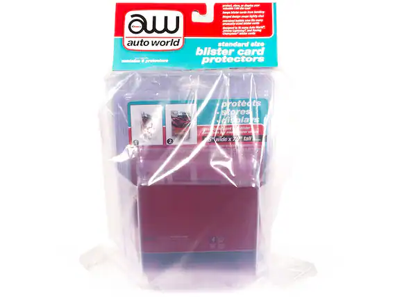Sure, here is the corrected text:
---
**auto world**
**standard size blister card protectors**
- Protects
- Stores
- Displays
**6 protectors**
**1**
**2**
**5" wide x 7" tall**
---
This text is from the packaging of the blister card protectors.